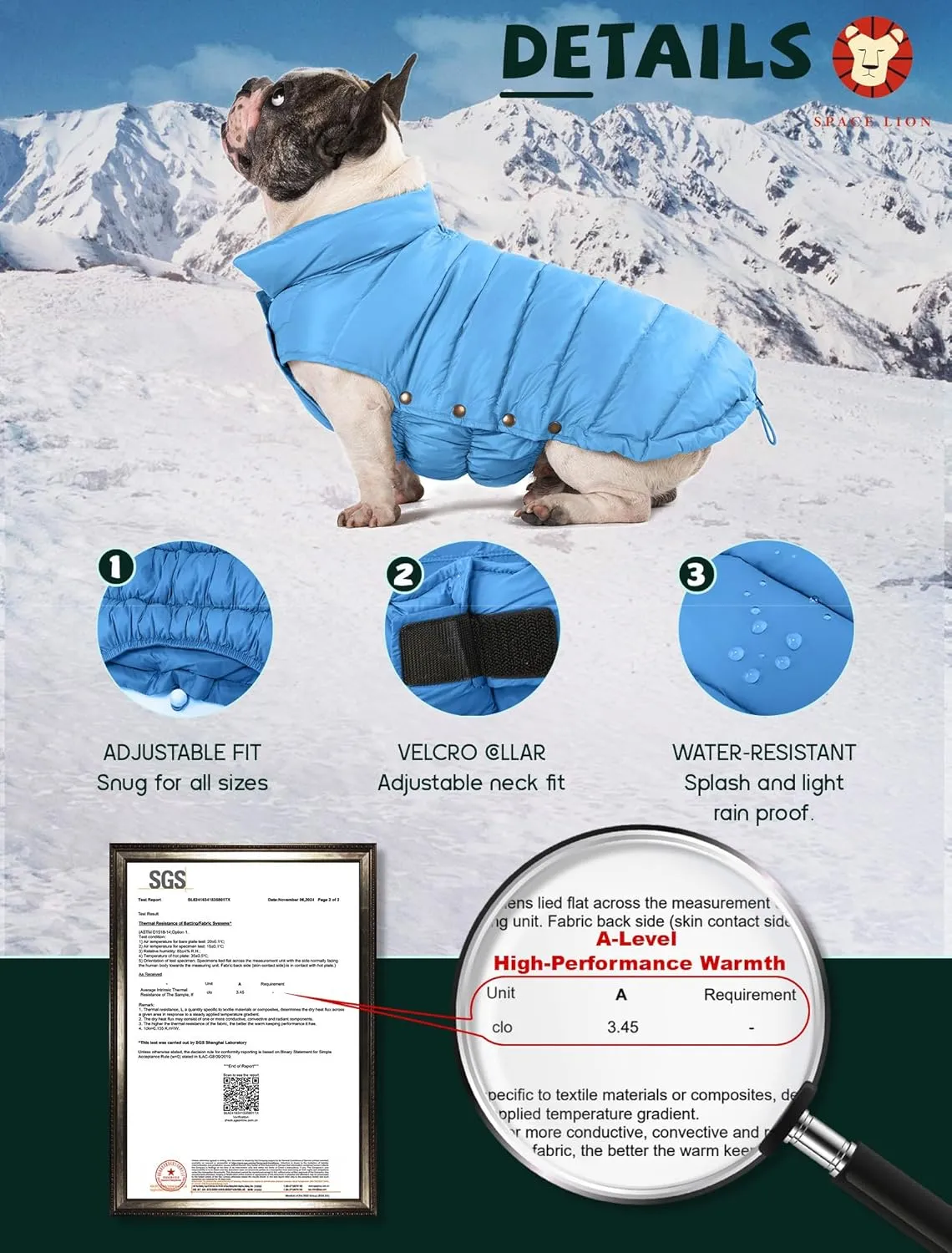 SPACE LION Puffer Jacket, Down Winter Coat, Waterproof, Windproof, Lightweight Jacket, Adjustable Fit for Small to Large Dogs (Blue, XL)
