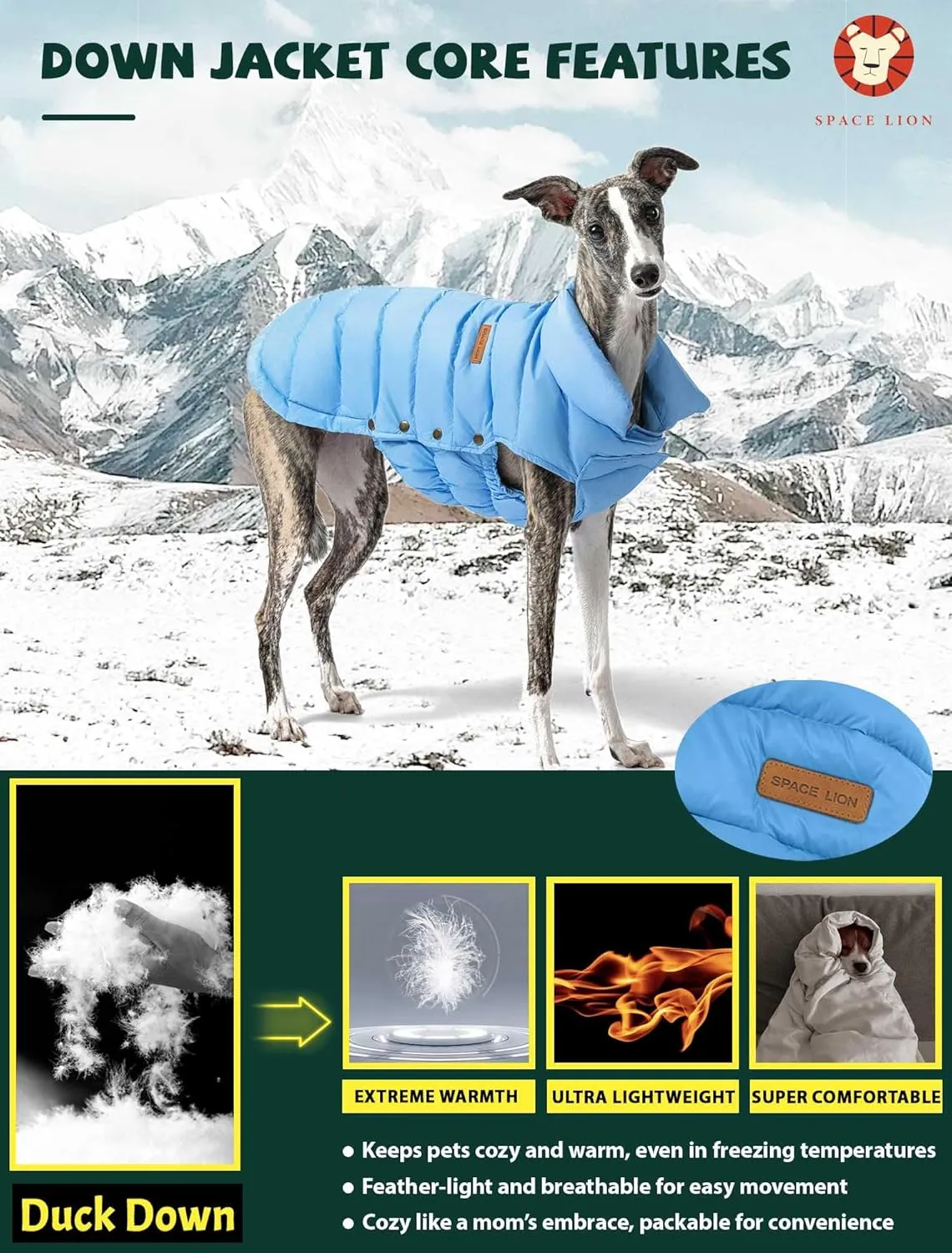 SPACE LION Puffer Jacket, Down Winter Coat, Waterproof, Windproof, Lightweight Jacket, Adjustable Fit for Small to Large Dogs (Blue, XL)