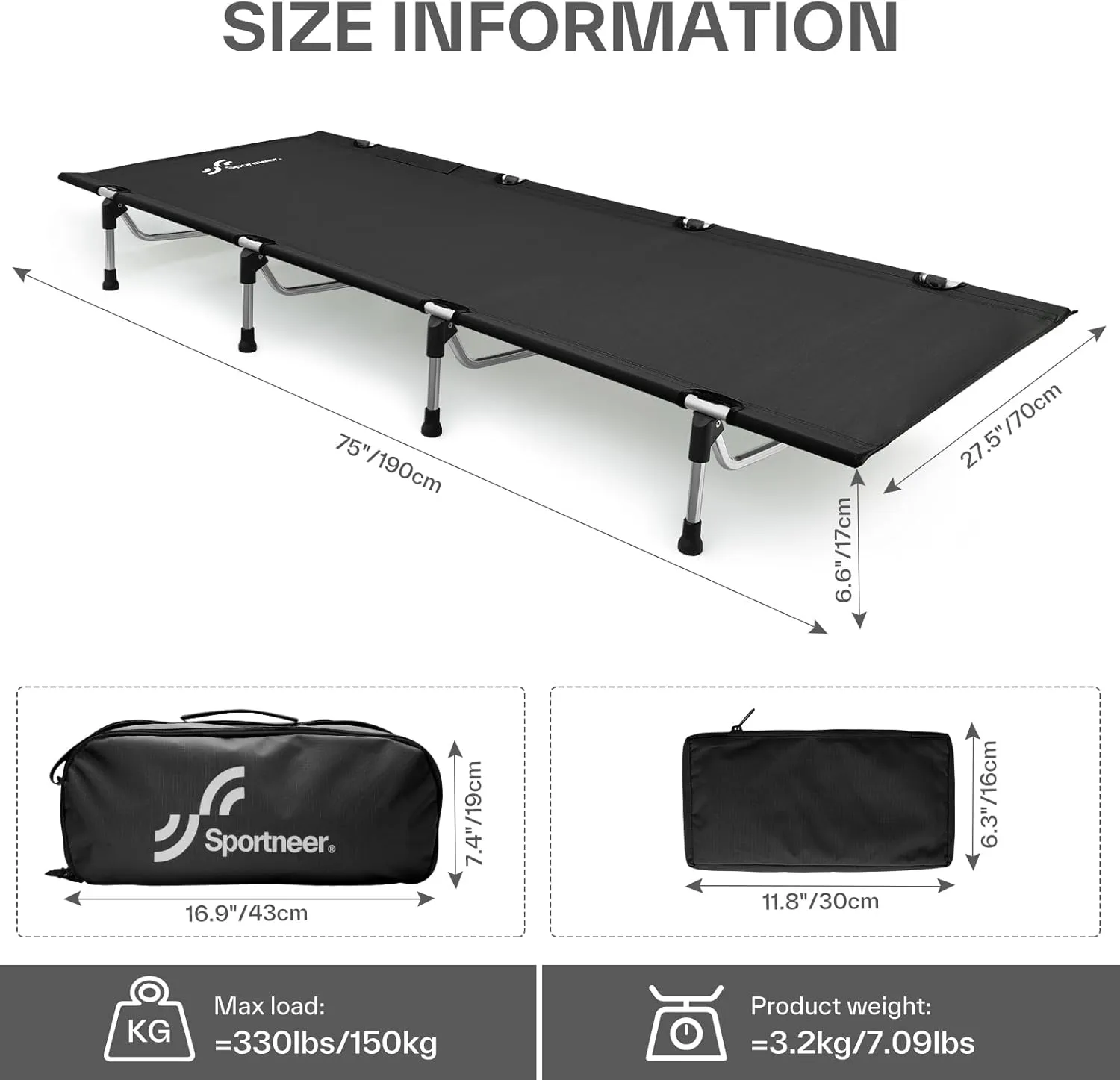 Sportneer Camping Cot, Folding Cots Lever Lock Portable Lightweight Sleeping Camping Bed for Adults Outdoor Travel Backpacking Camp Hiking Supports 330lbs