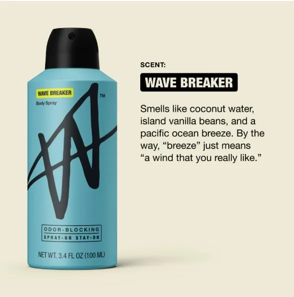 Spray, W. B. J Body Spray - Odor Blocking - Long Lasting - Fresh Ice, Wave Breake, Deep Woods, Original - 3.4 fl oz (Wave Breaker)