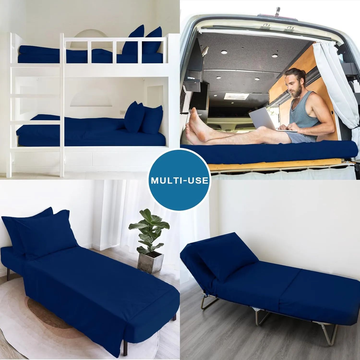 Springspirit 30" x 75" x 9" Cot Sheets, 4-Piece Set, Fitted Sheets for Twin/Camp Bunk/RV Bunk/Guest Beds, Navy