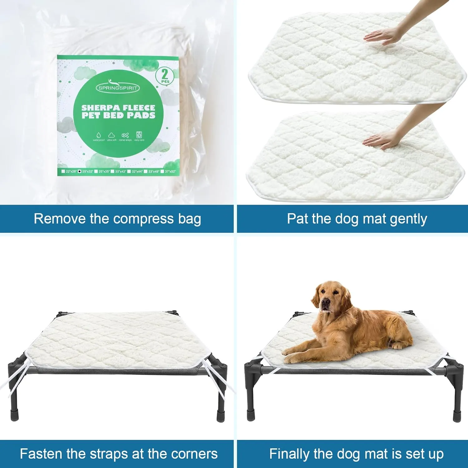 SPRINGSPIRIT Elevated Dog Bed Pad, 2 Pack, Soft Plush, Waterproof, Machine Washable, Corner Straps, Pet Bed Mat, Medium (25x35 inch), for Dog Cot, Cat Beds