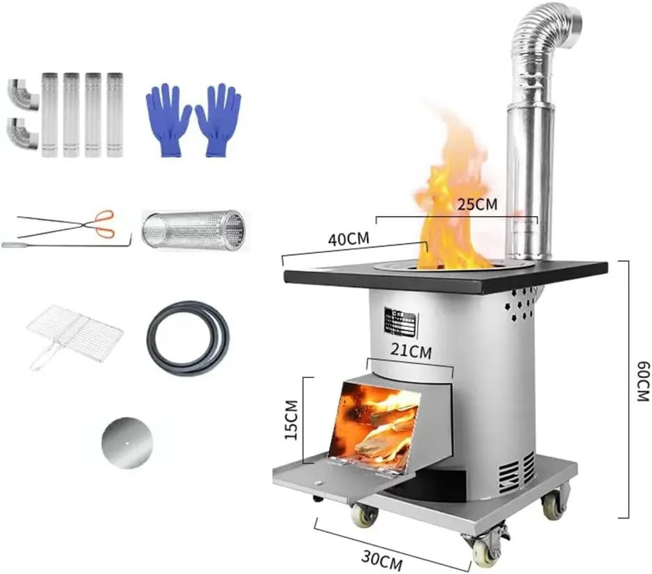 Stainless Steel Firewood Stove for Heating, Movable Universal Wheel, Multi-Purpose Camping Stove for Tents, Shelters, Heating and Cooking,40cm