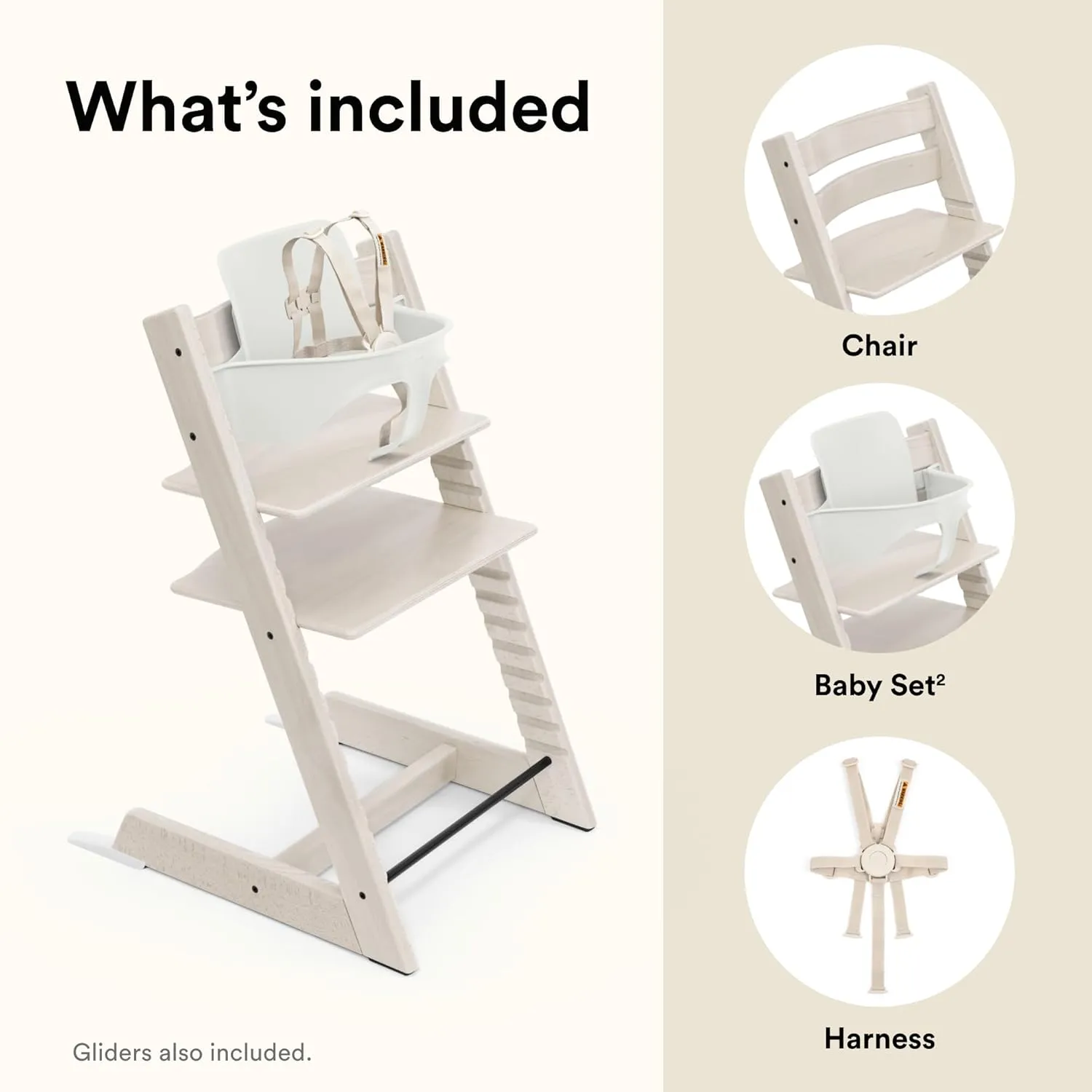 Stokke Tripp Trapp High Chair 2, Whitewash - Includes Chair   Baby Set with Removable Harness for Children 6-36 Months - Adjustable, Ergonomic & Easy to Clean