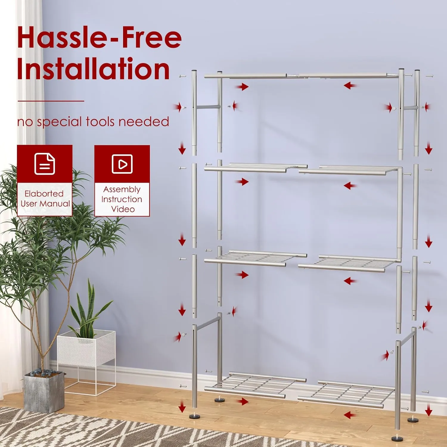 Storage Shelves - 4 Tier Shelf Organizer, Heavy Duty Garage Shelving Unit with Leveling Feet, Stable Metal Shelves Organizer for Pantry, Kitchen and Closet, 33.0" W x 12.6" D x 57.2" H, Silver
