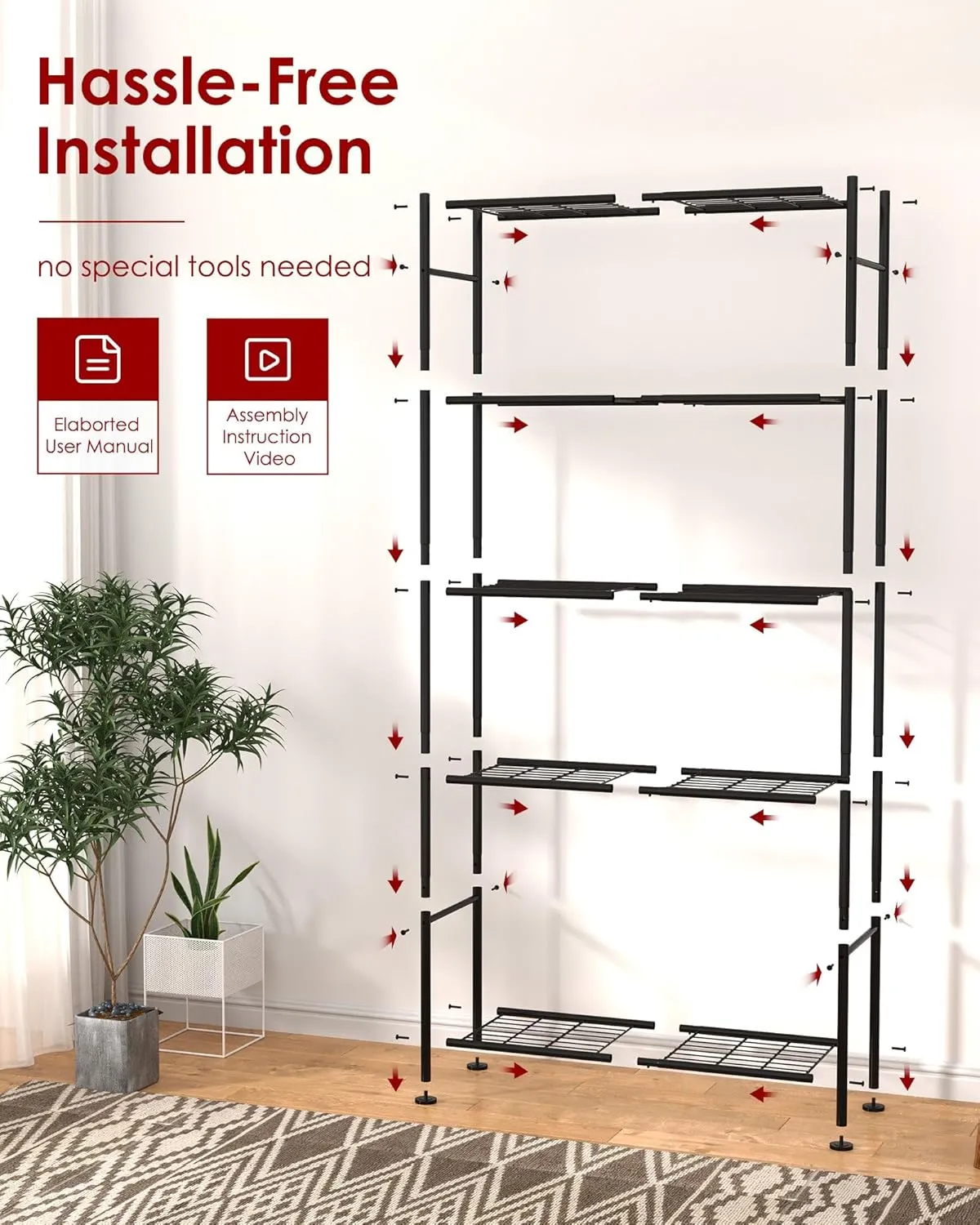 Storage Shelves - 5 Tier Shelf Organizer, Heavy Duty Garage Shelving Unit with Leveling Feet, Stable Metal Shelves Organizer for Pantry, Kitchen and Closet, 33.0" W x 12.6" D x 72.0" H, Black