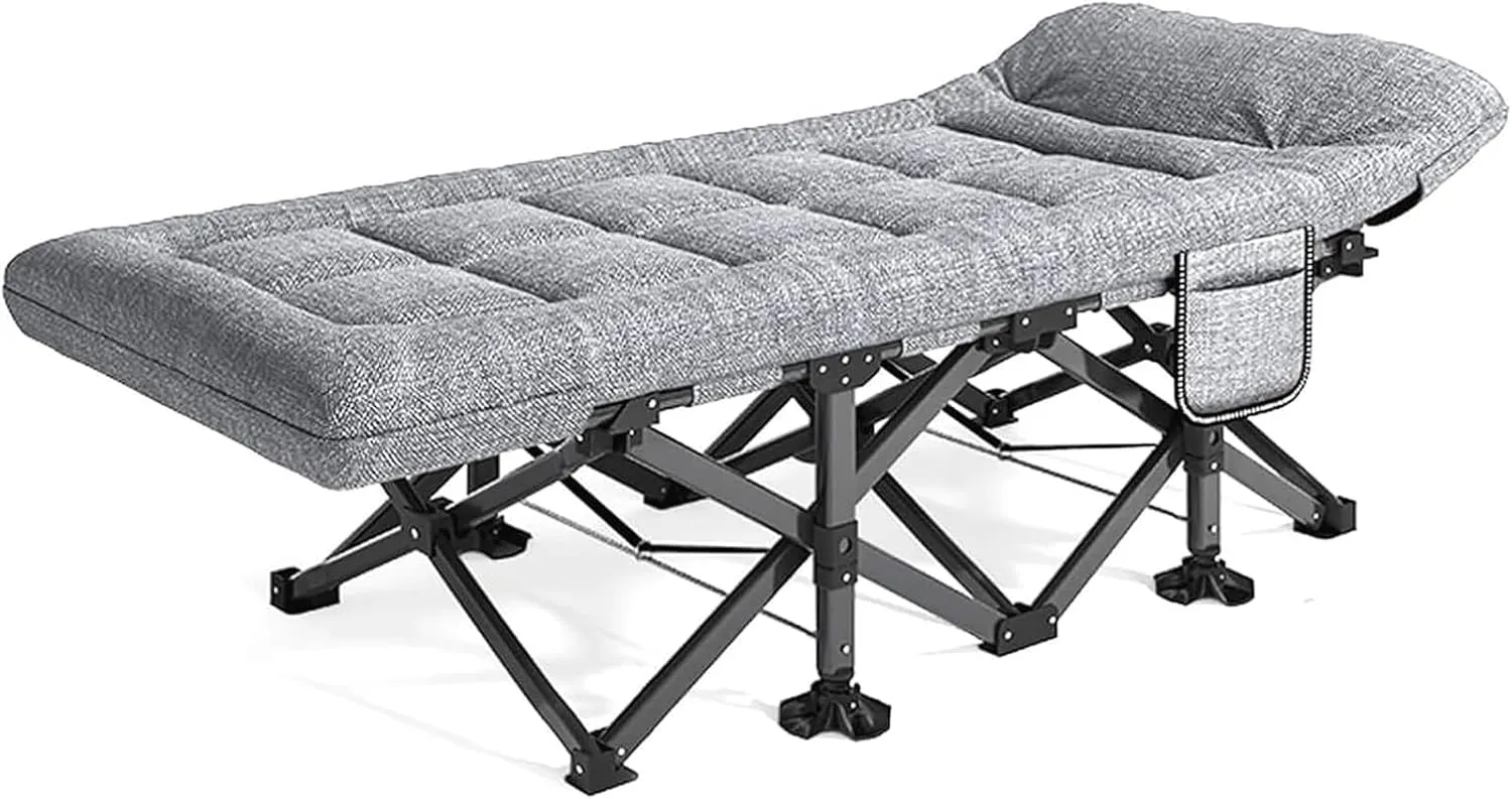 Strong Steel Frame Camping Cot, Portable Folding Bed with Mattress for Sleeping, Tent Cot with Side Storage Pocket and Pillow