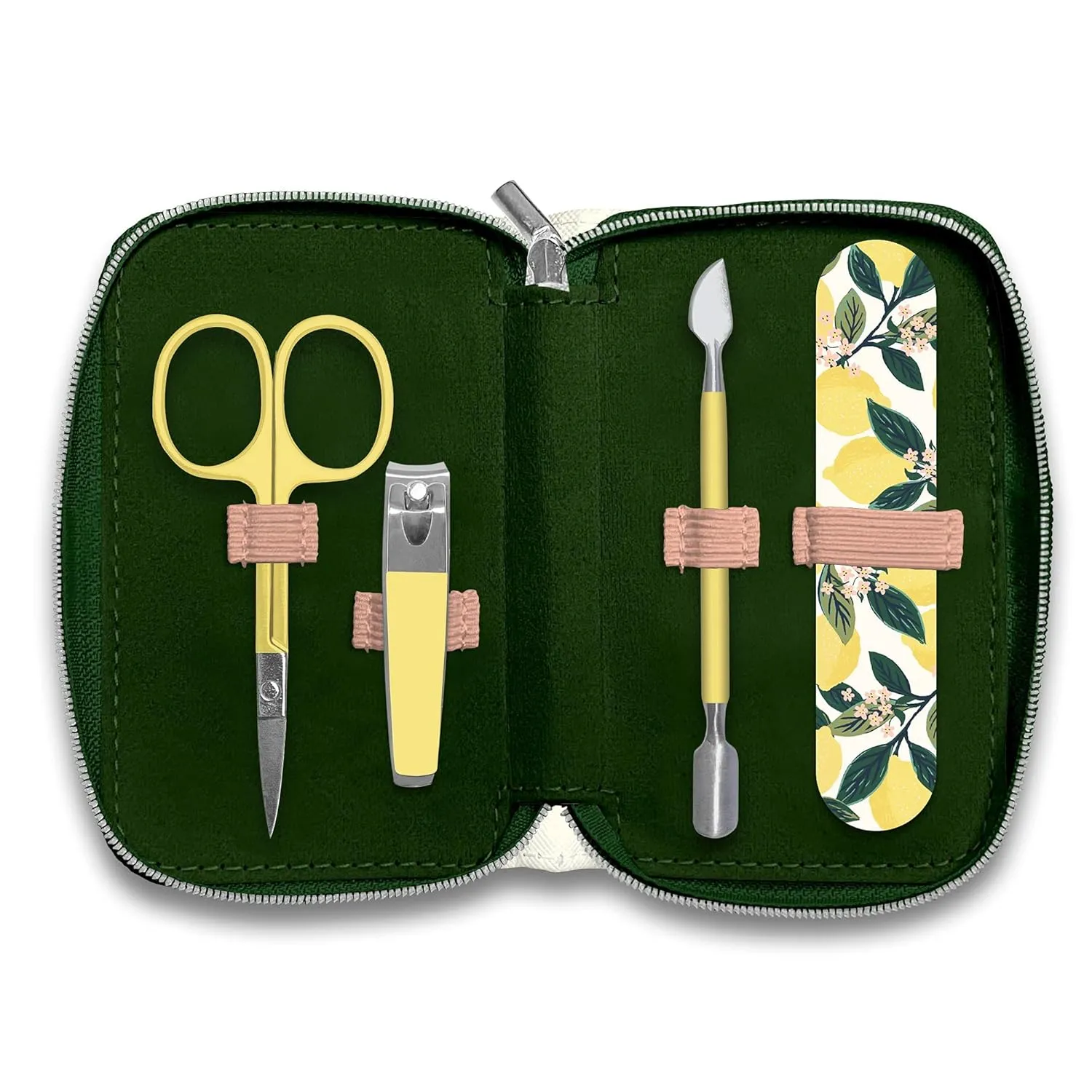 Studio Oh! 5-Piece Nail Grooming Kit - Includes Nail File, Scissors, Clippers, Cuticle Pusher & Portable Zippered Case - Perfect for Travel, Home & Office Use - Lemon Tree