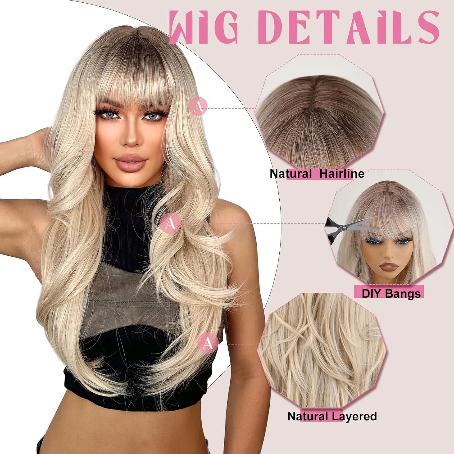 SUKRI Blonde Wigs for Women Layered Wig with Bangs Omber Wig with Black Roots 26Inch Long Wavy Synthetic Heat Resistant Hair for Daily Cosplay Use