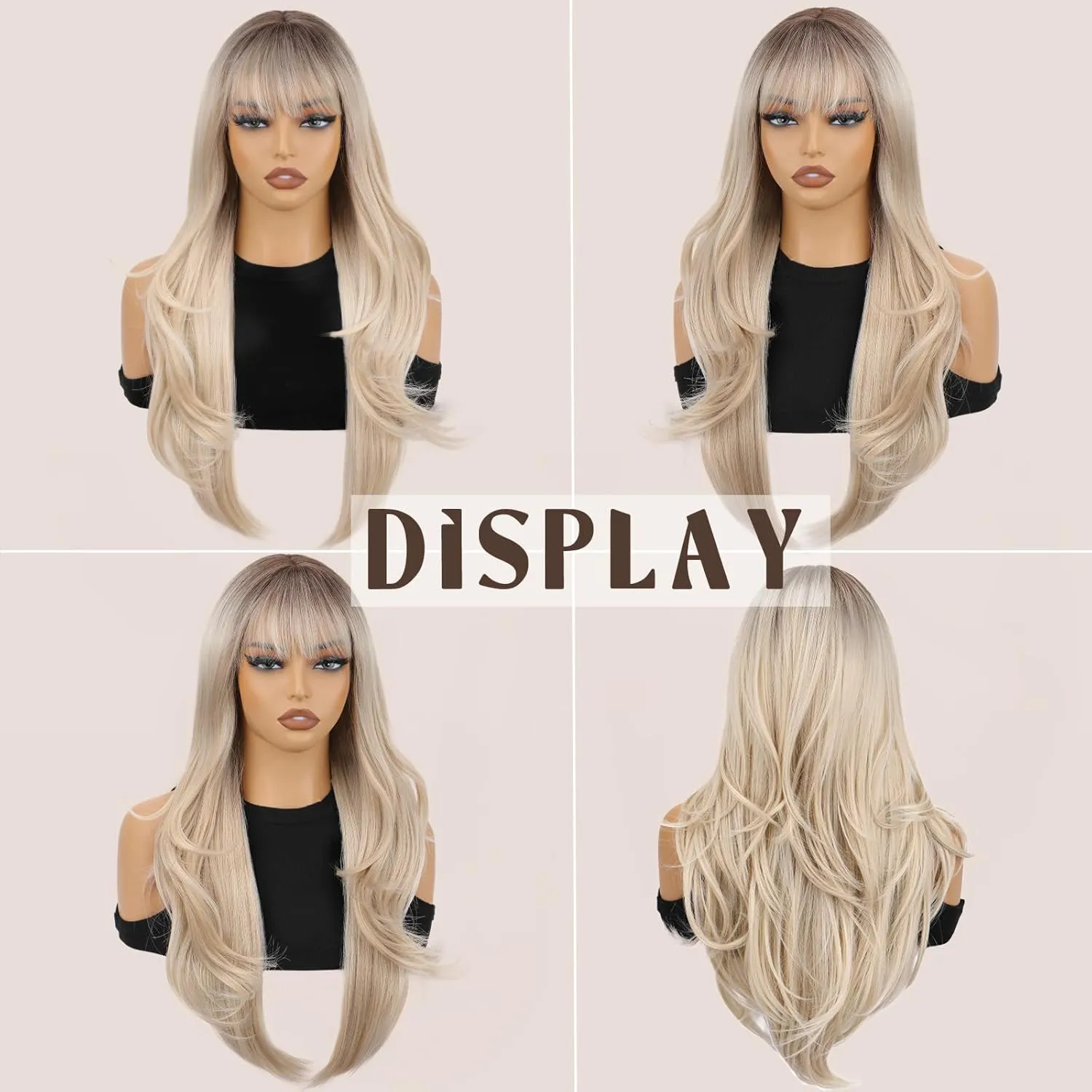 SUKRI Blonde Wigs for Women Layered Wig with Bangs Omber Wig with Black Roots 26Inch Long Wavy Synthetic Heat Resistant Hair for Daily Cosplay Use