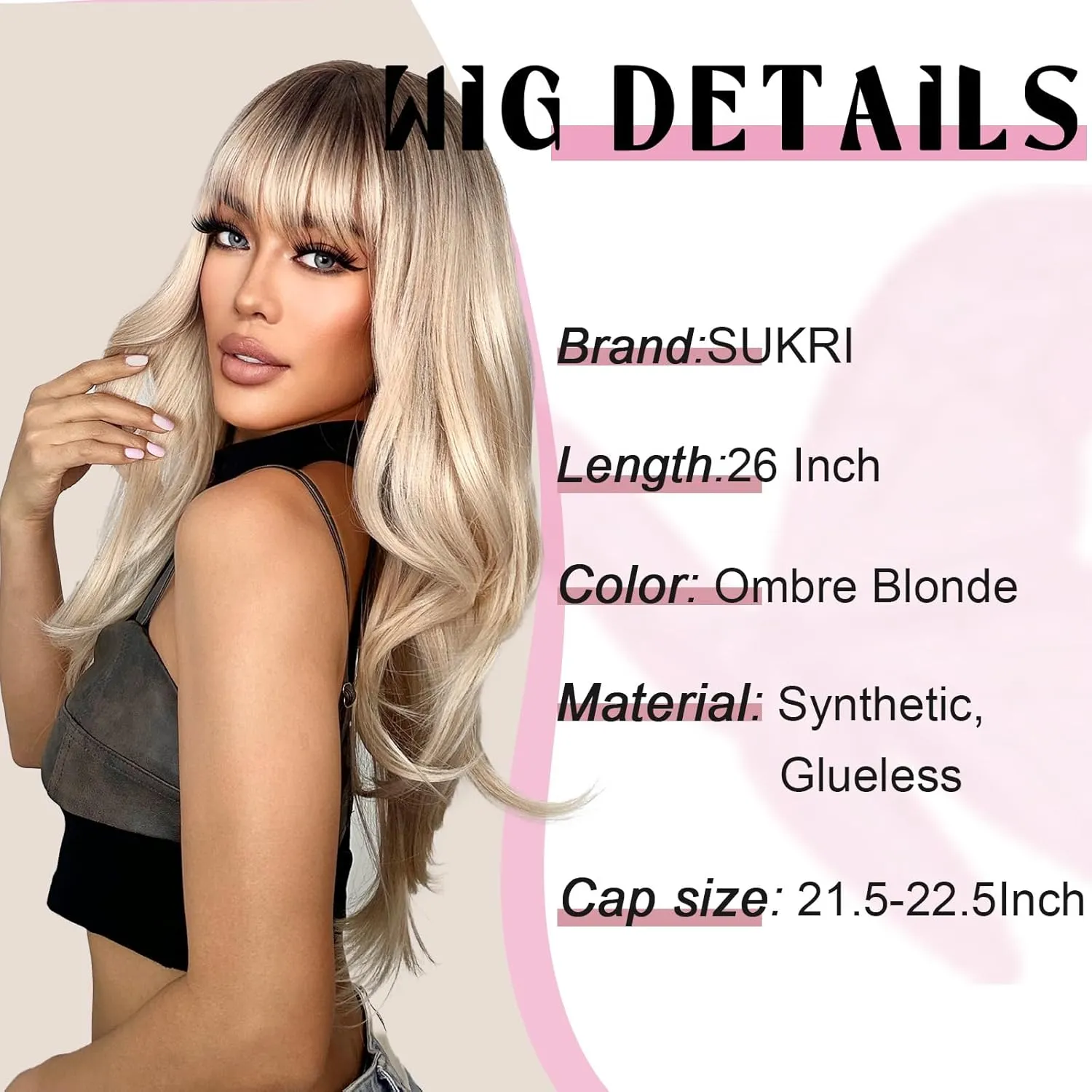 SUKRI Blonde Wigs for Women Layered Wig with Bangs Omber Wig with Black Roots 26Inch Long Wavy Synthetic Heat Resistant Hair for Daily Cosplay Use