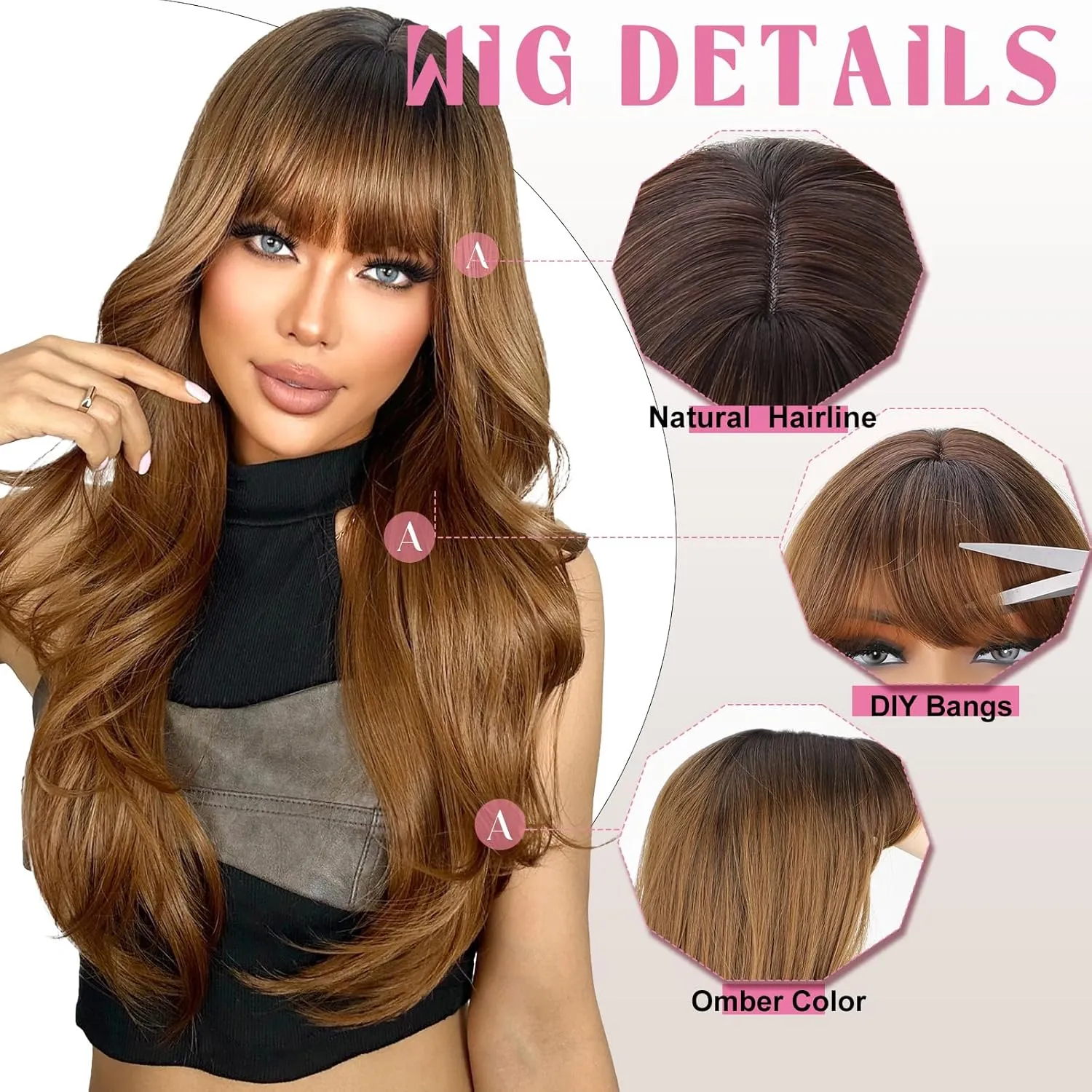 SUKRI Brown Wig with Bangs for Women Layered Synthetic Wigs Light Brown with Dark Roots Heat Resistant Fiber for Daily Use 26 Inch