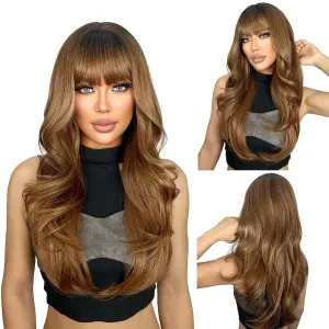 SUKRI Brown Wig with Bangs for Women Layered Synthetic Wigs Light Brown with Dark Roots Heat Resistant Fiber for Daily Use 26 Inch