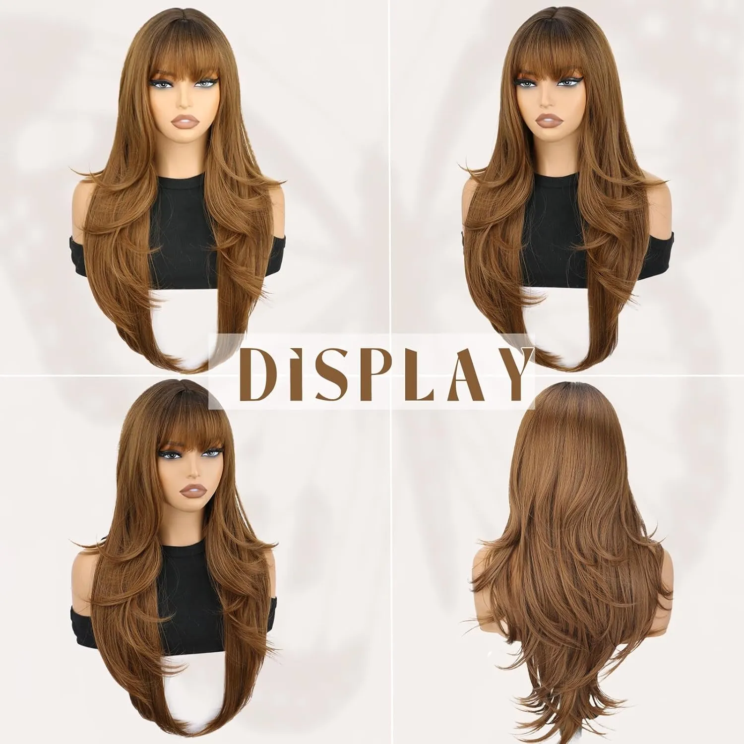 SUKRI Brown Wig with Bangs for Women Layered Synthetic Wigs Light Brown with Dark Roots Heat Resistant Fiber for Daily Use 26 Inch