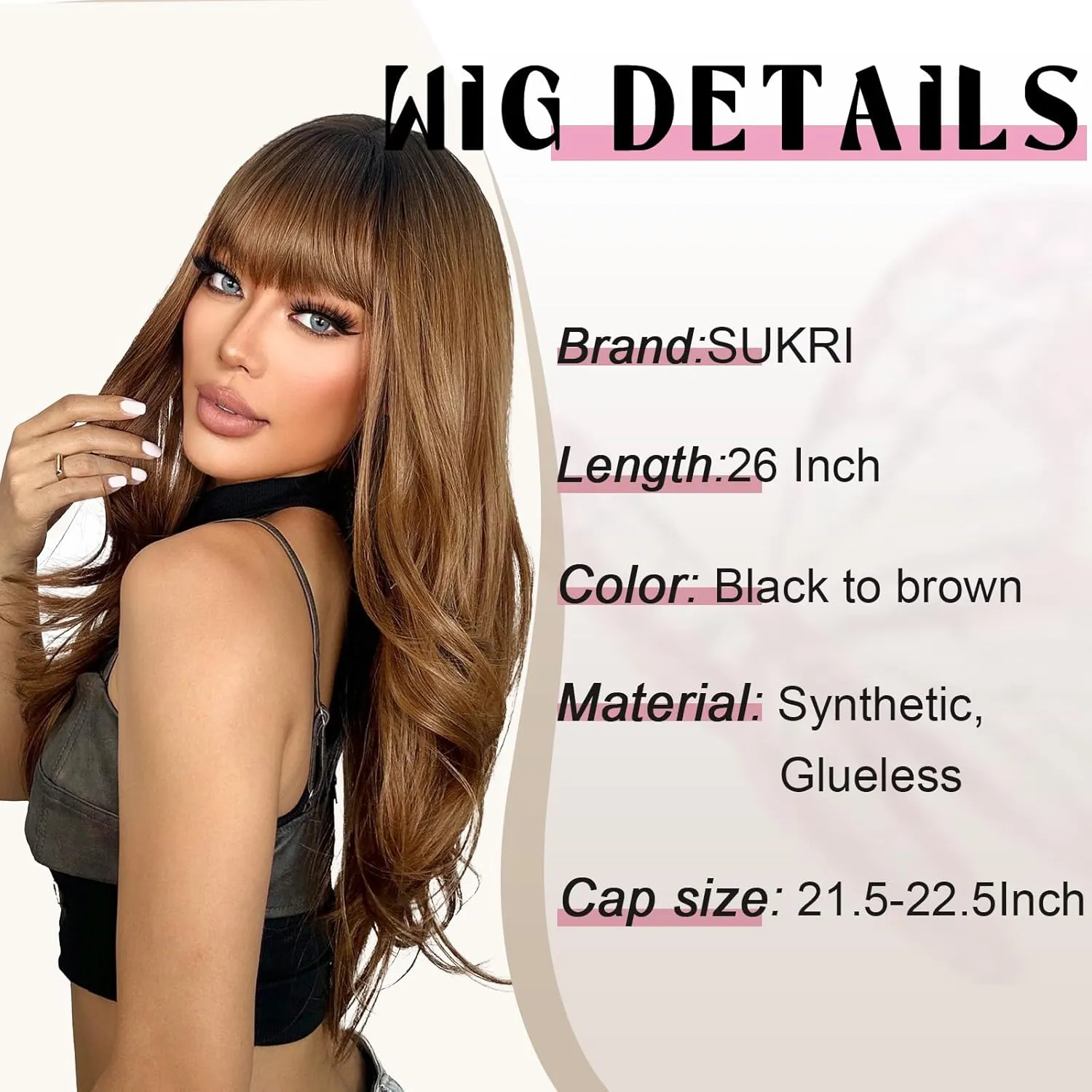 SUKRI Brown Wig with Bangs for Women Layered Synthetic Wigs Light Brown with Dark Roots Heat Resistant Fiber for Daily Use 26 Inch