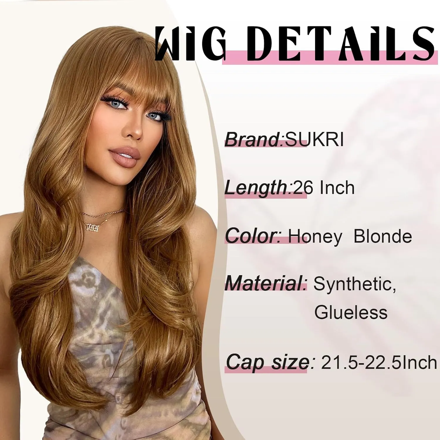 SUKRI Honey Blonde Synthetic Wigs for Women,26 Inch Layerde Wig with Curtain Bangs,Natural Light Brown Heat Resistant Fiber for Daily Party Use