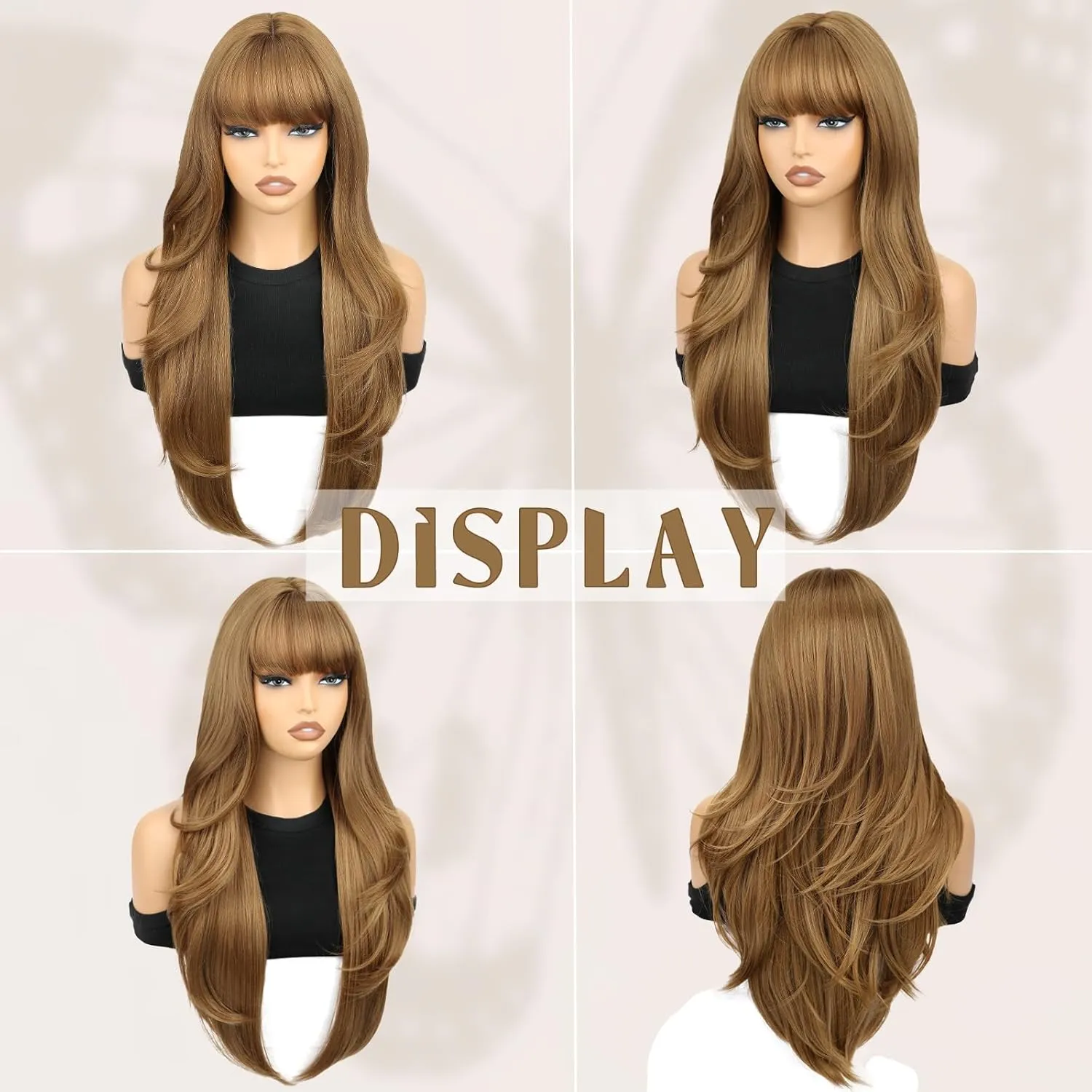 SUKRI Honey Blonde Synthetic Wigs for Women,26 Inch Layerde Wig with Curtain Bangs,Natural Light Brown Heat Resistant Fiber for Daily Party Use