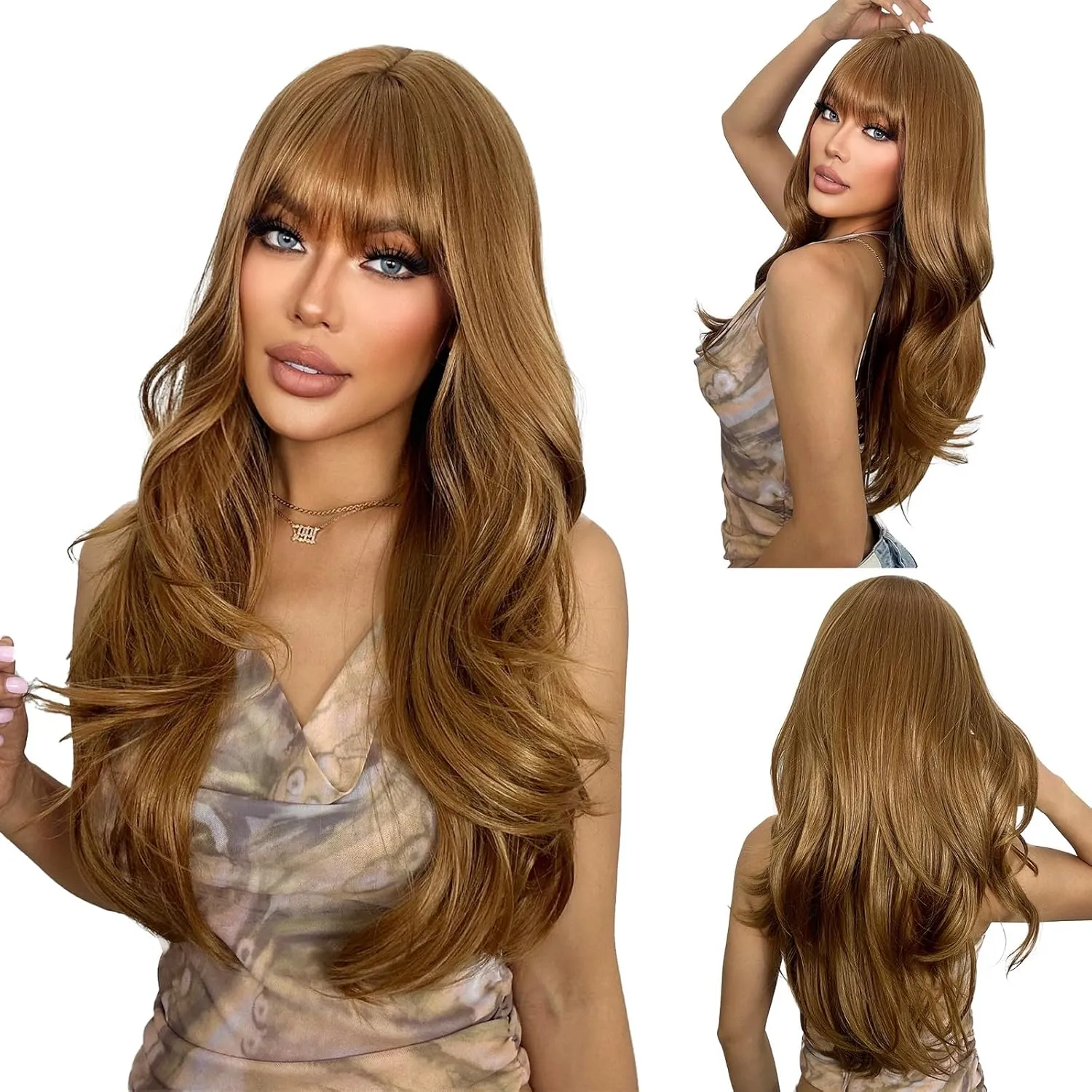 SUKRI Honey Blonde Synthetic Wigs for Women,26 Inch Layerde Wig with Curtain Bangs,Natural Light Brown Heat Resistant Fiber for Daily Party Use