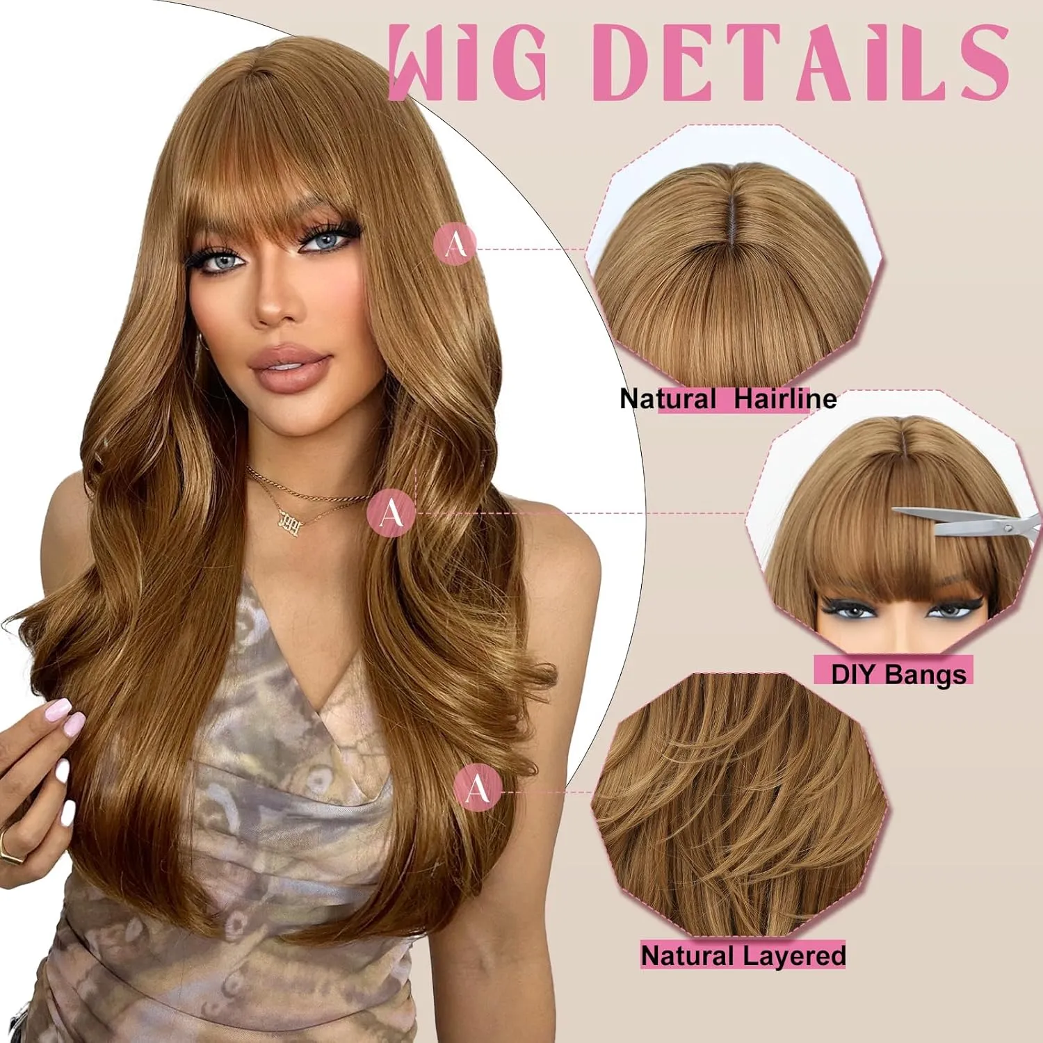 SUKRI Honey Blonde Synthetic Wigs for Women,26 Inch Layerde Wig with Curtain Bangs,Natural Light Brown Heat Resistant Fiber for Daily Party Use