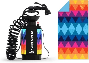 SUN NINJA Portable Shower Bundle with Microfiber Beach Towel, Multi-Spray Shower Head, Neoprene Cover Keeps Water Warm, Quick-Dry & Sand-Free Towel, Complete Outdoor Cleaning Kit