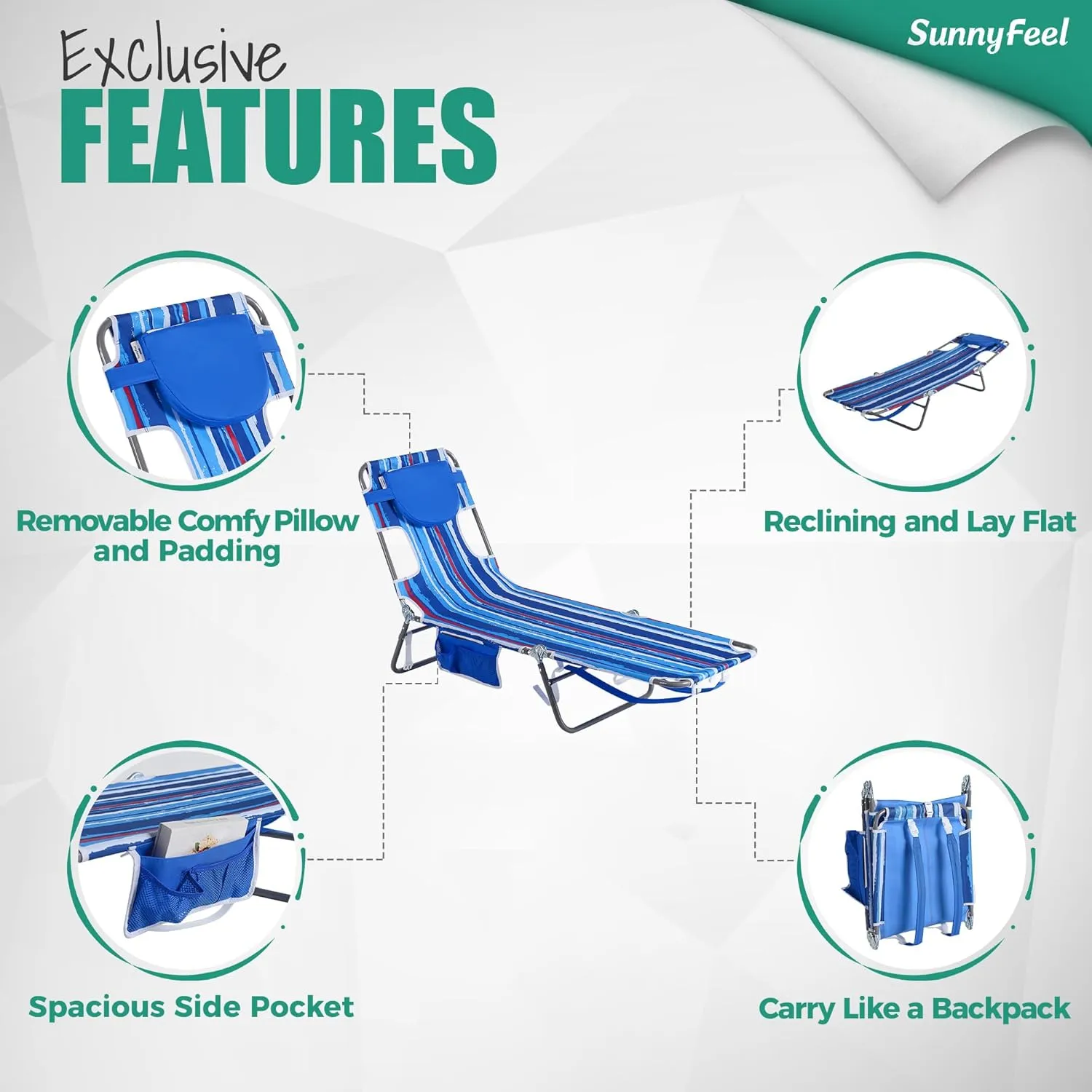SunnyFeel Beach Lounge Chair, Backpack Reclining Beach Chairs Lay Flat, Face Down Tanning Chair, Folding Camping Chairs Portable Camp Cot with Backpack Straps for Outdoor/Picnic/Lawn