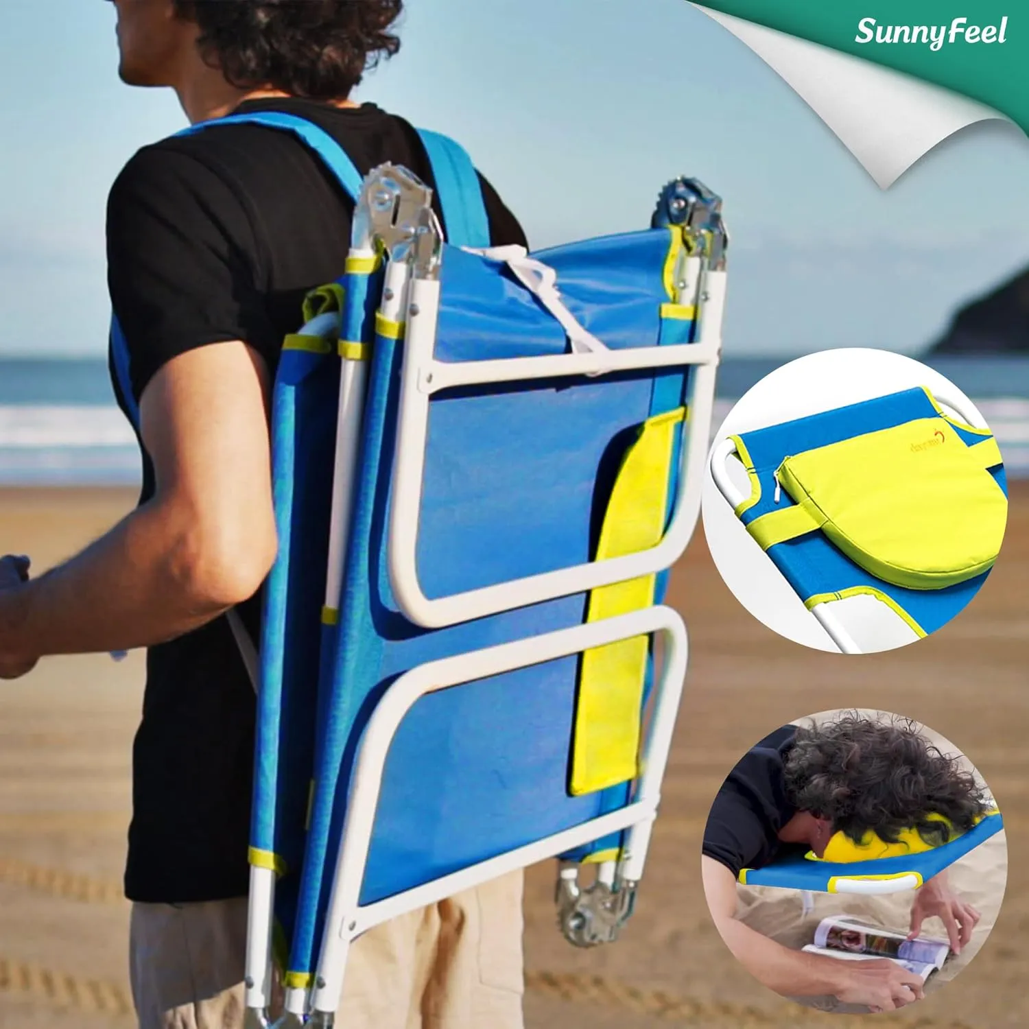 SunnyFeel Beach Lounge Chair, Backpack Reclining Beach Chairs Lay Flat, Face Down Tanning Chair, Folding Camping Chairs Portable Camp Cot with Backpack Straps for Outdoor/Picnic/Lawn
