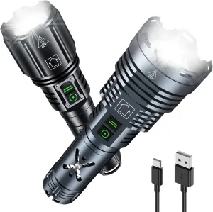 Super Bright Led Flashlights High Lumens 9000, XHP160-01&XHP160-02GR Kit with 6 Modes, Waterproof, Zoomable, Fast Charging,Camping Flashlight for Campers