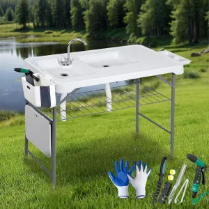 SUPER DEAL Fish Cleaning Table with Sink, 42.4" Portable Folding Camping Sink Station with Measure Mark, Grid Rack & Cleaning Kit for Outdoor, Fishing, Camping, and Picnics