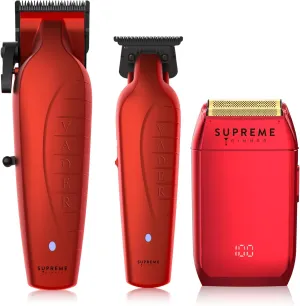 Supreme Trimmer 3-in-1 Barber Kit | Vader Clipper, Vader Trimmer & Crunch Foil Shaver | Men's Professional Beard Trimmer, Brushless Motor Clippers & Waterproof IPX6 Shaver | Red