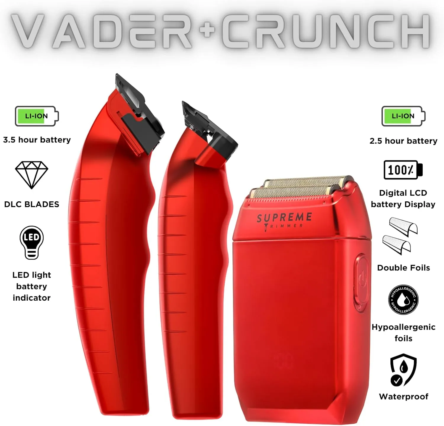 Supreme Trimmer 3-in-1 Barber Kit | Vader Clipper, Vader Trimmer & Crunch Foil Shaver | Men's Professional Beard Trimmer, Brushless Motor Clippers & Waterproof IPX6 Shaver | Red