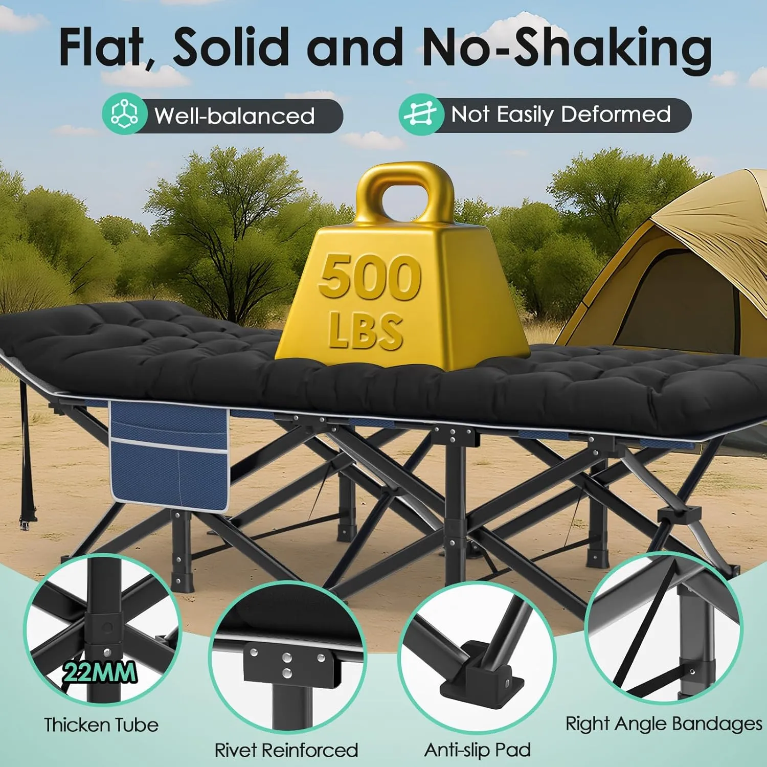 Suteck Camping Cot, 32In XXL Folding Camping Cot Heavy Duty Sleeping Bed for Adults 1200D Double Layer Oxford Cots for Camping W/Pilllow Mattress Carry Bag for Home Office Nap Beach Travel, 500LBS