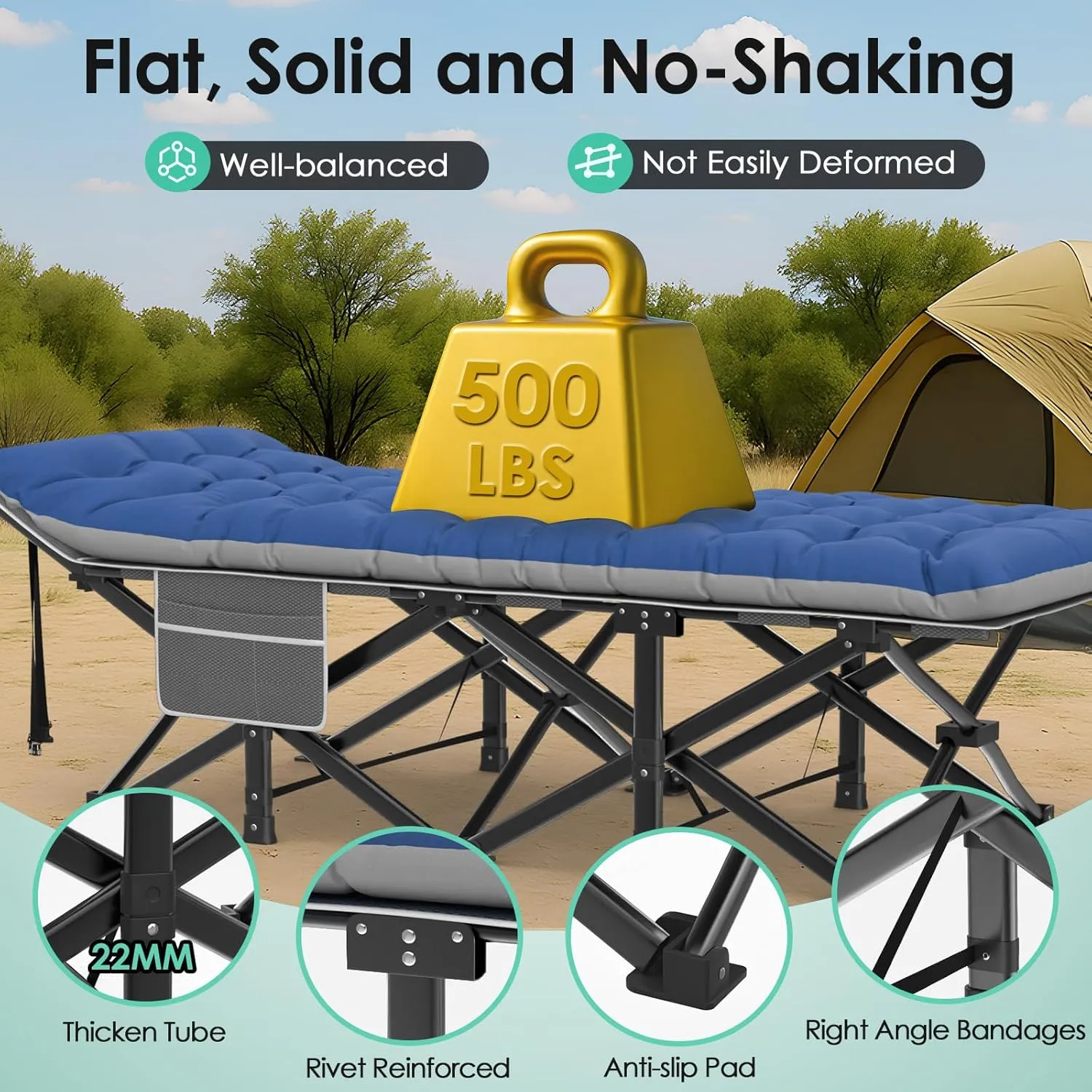Suteck Camping Cot, 32In XXL Folding Camping Cot Heavy Duty Sleeping Bed for Adults 1200D Double Layer Oxford Cots for Camping W/Pilllow Mattress Carry Bag for Home Office Nap Beach Travel, 500LBS