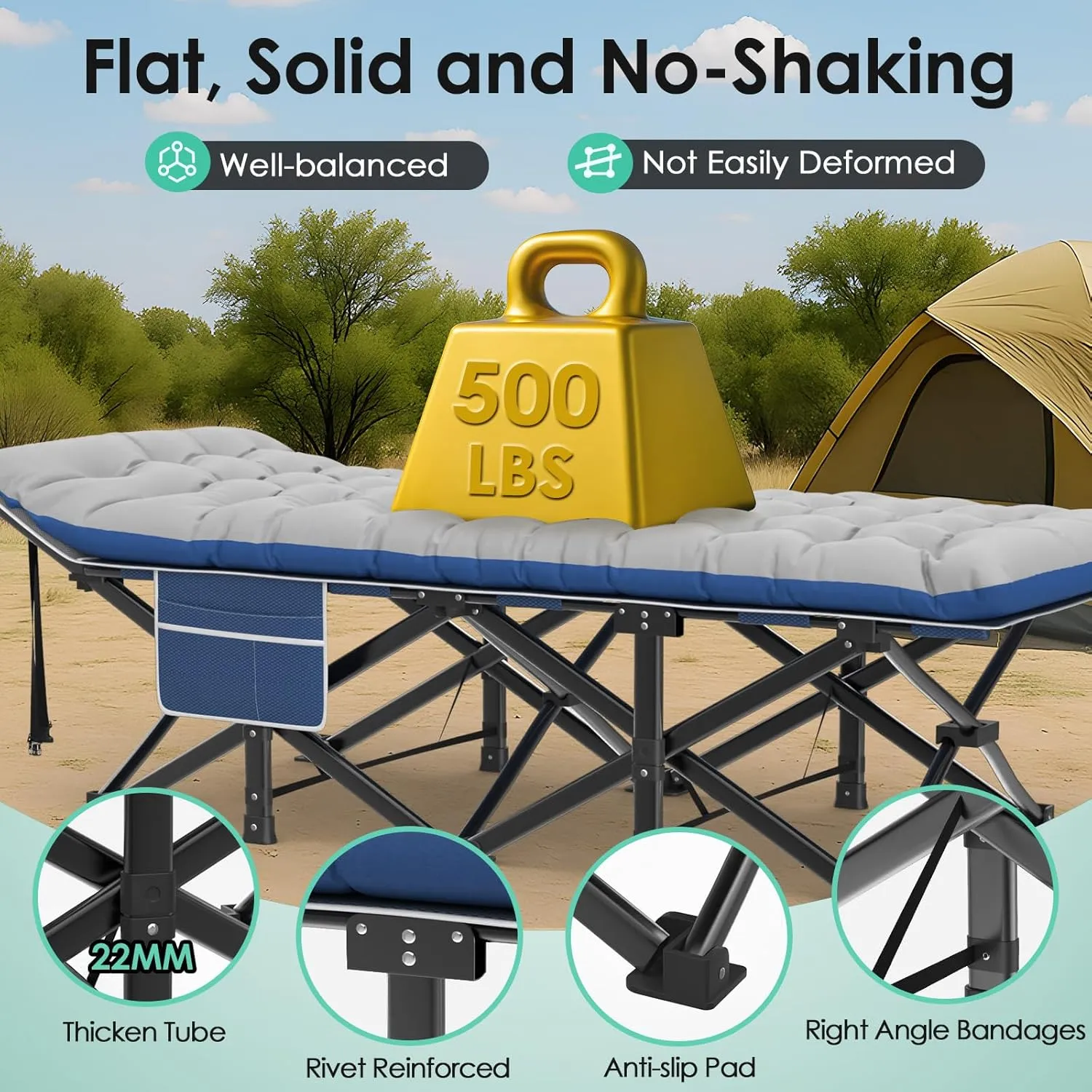 Suteck Camping Cot, 32In XXL Folding Camping Cot Heavy Duty Sleeping Bed for Adults 1200D Double Layer Oxford Cots for Camping W/Pilllow Mattress Carry Bag for Home Office Nap Beach Travel, 500LBS