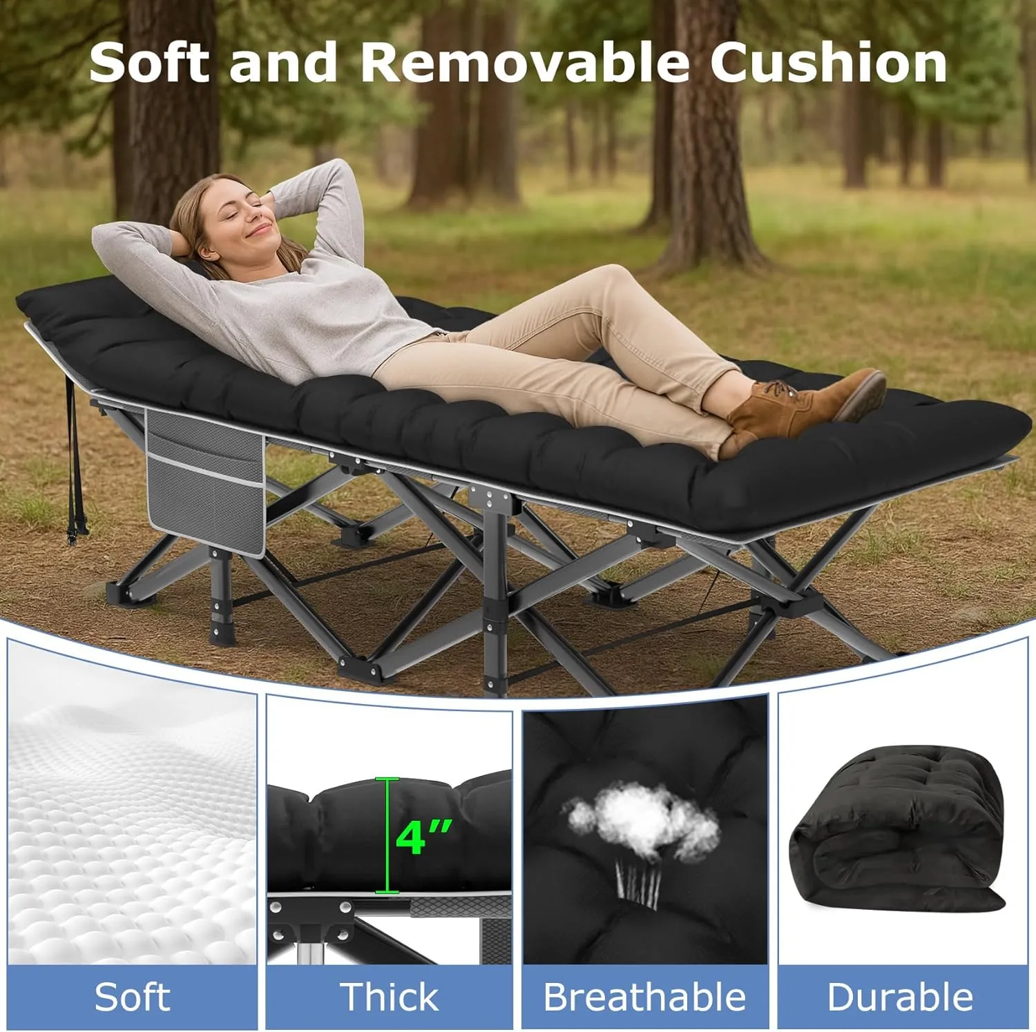 Suteck Camping Cot, 32In XXL Folding Camping Cot Heavy Duty Sleeping Bed for Adults 1200D Double Layer Oxford Cots for Camping W/Pilllow Mattress Carry Bag for Home Office Travel, Black
