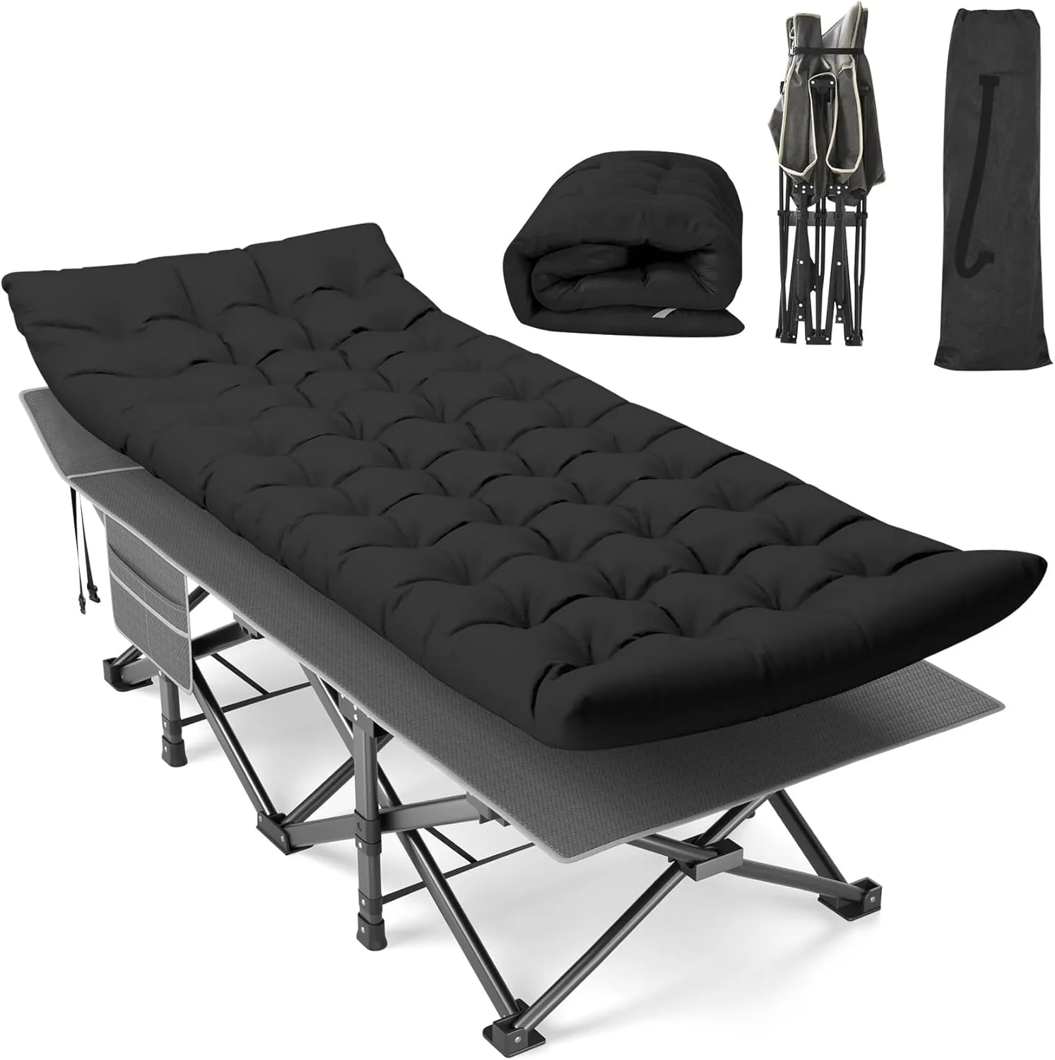 Suteck Camping Cot, 32In XXL Folding Camping Cot Heavy Duty Sleeping Bed for Adults 1200D Double Layer Oxford Cots for Camping W/Pilllow Mattress Carry Bag for Home Office Travel, Black