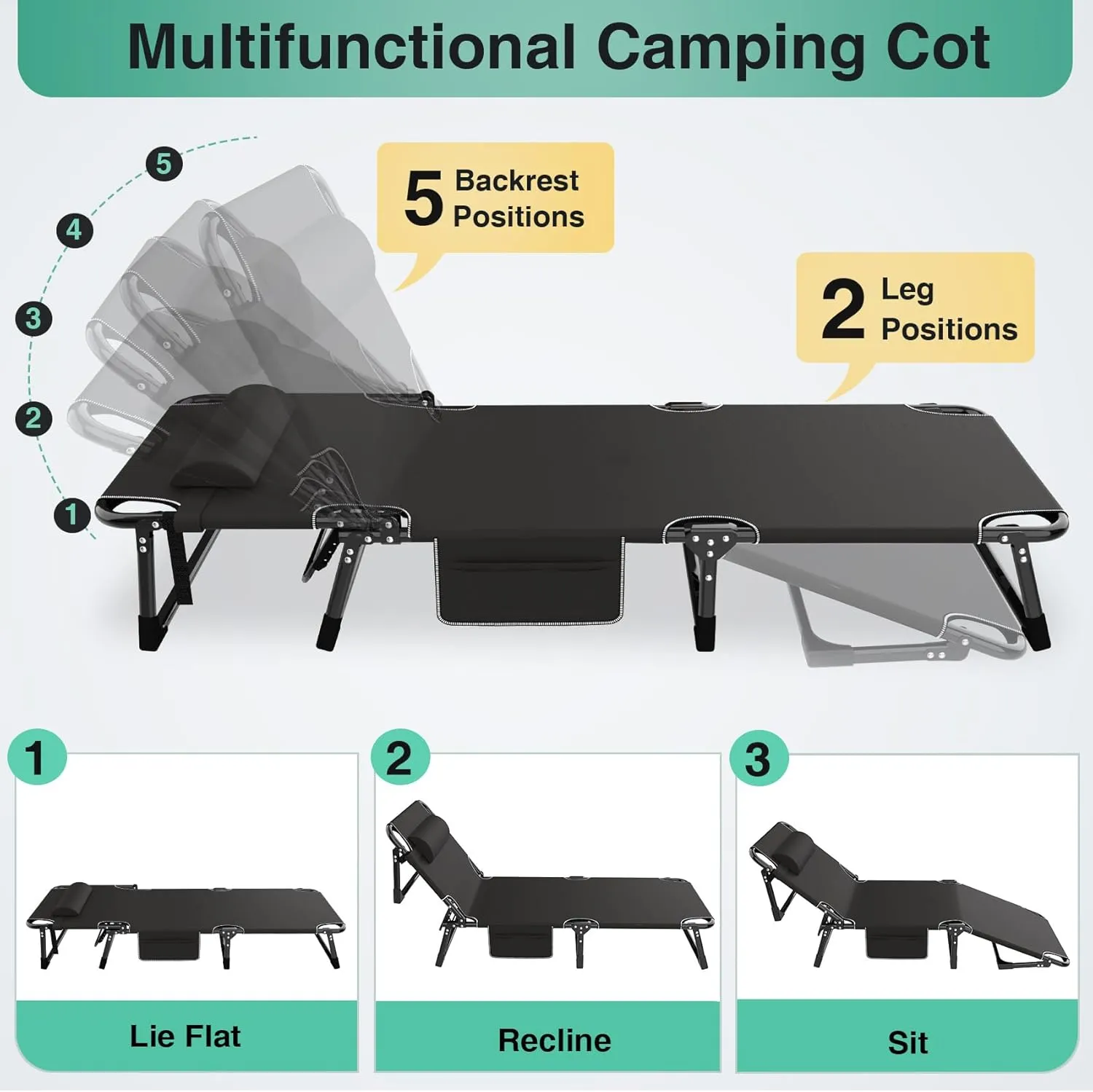 Suteck Folding Camping Cot, Adjustable 5 2 Positions Reclining Portable Outdoor Cot Heavy Duty Sleeping Bed Cots w/Pillow Mat Carry Bag, Chaise Lounge Chair for Home Office Nap Beach Pool Patio Travel
