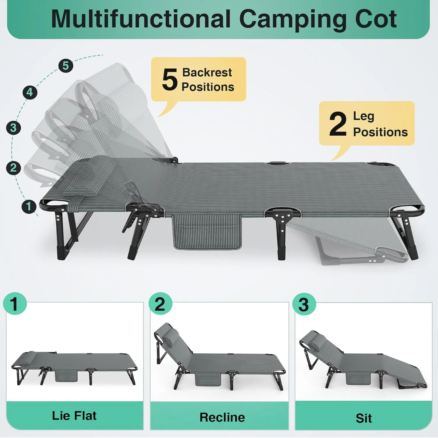 Suteck Folding Camping Cot, All-in-One Portable Outdoor Cot Heavy Duty Sleeping Bed for Adults Camp Bed Cots Build in Pilllow Mattress for Home Office Nap Beach Travel, Grey