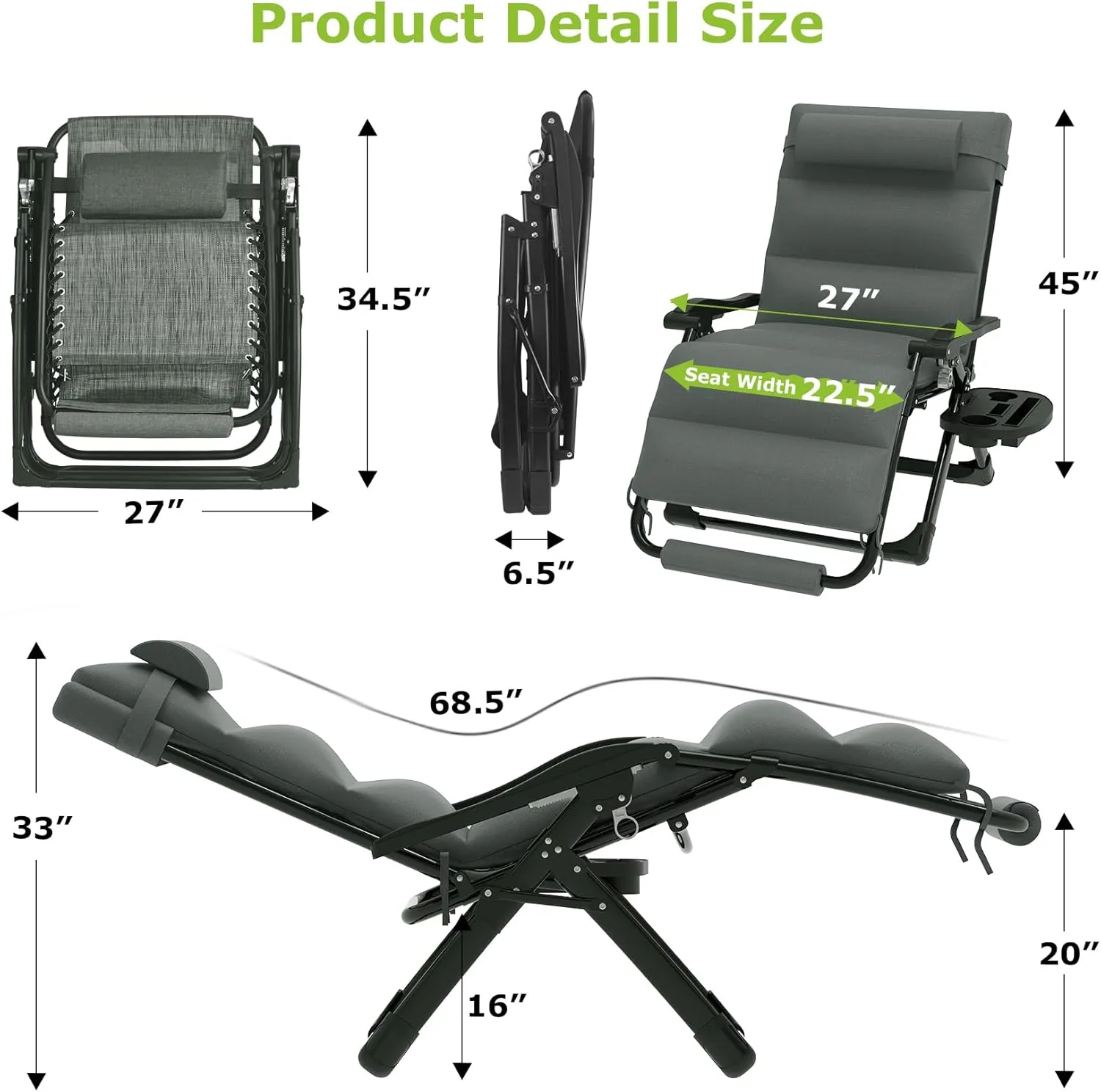 Suteck Oversized Zero Gravity Chair XL Reclining Camping Chair w/Washable Cushion, Outdoor Lounge Chairs Patio Recliner with Large Cup Holder, Footrest, Padded Headrest, Support 500LBS