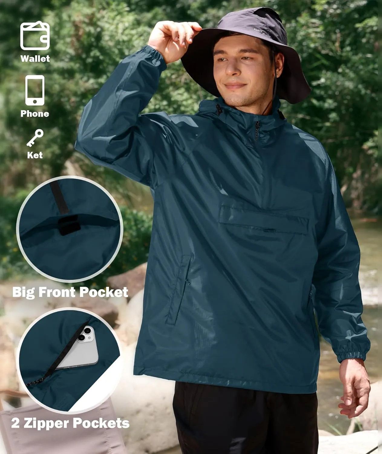 SWISSWELL Men's Rain Jacket Waterproof Lightweight Packable Pullover Windbreaker with Hood for Travel Hiking Golf