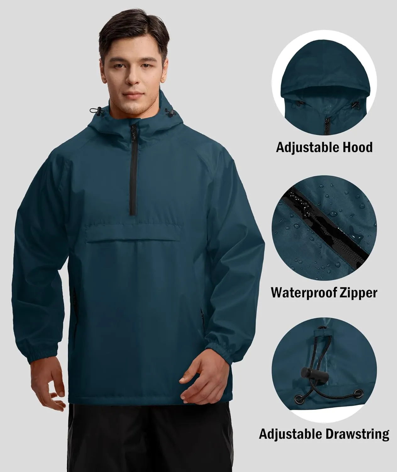 SWISSWELL Men's Rain Jacket Waterproof Lightweight Packable Pullover Windbreaker with Hood for Travel Hiking Golf