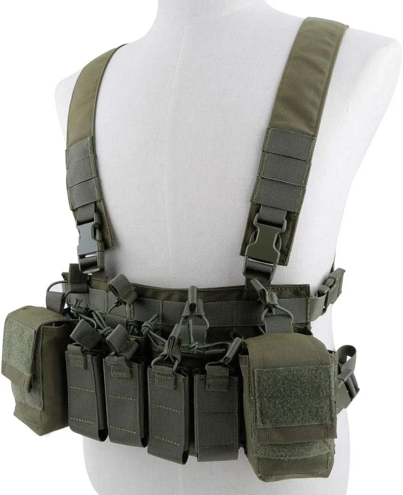 Tactical Chest Vest Rig Adjustable X Harness with 5.56 9mm Rifle Mag Pouches for Airsoft Shooting Wargame Paintball