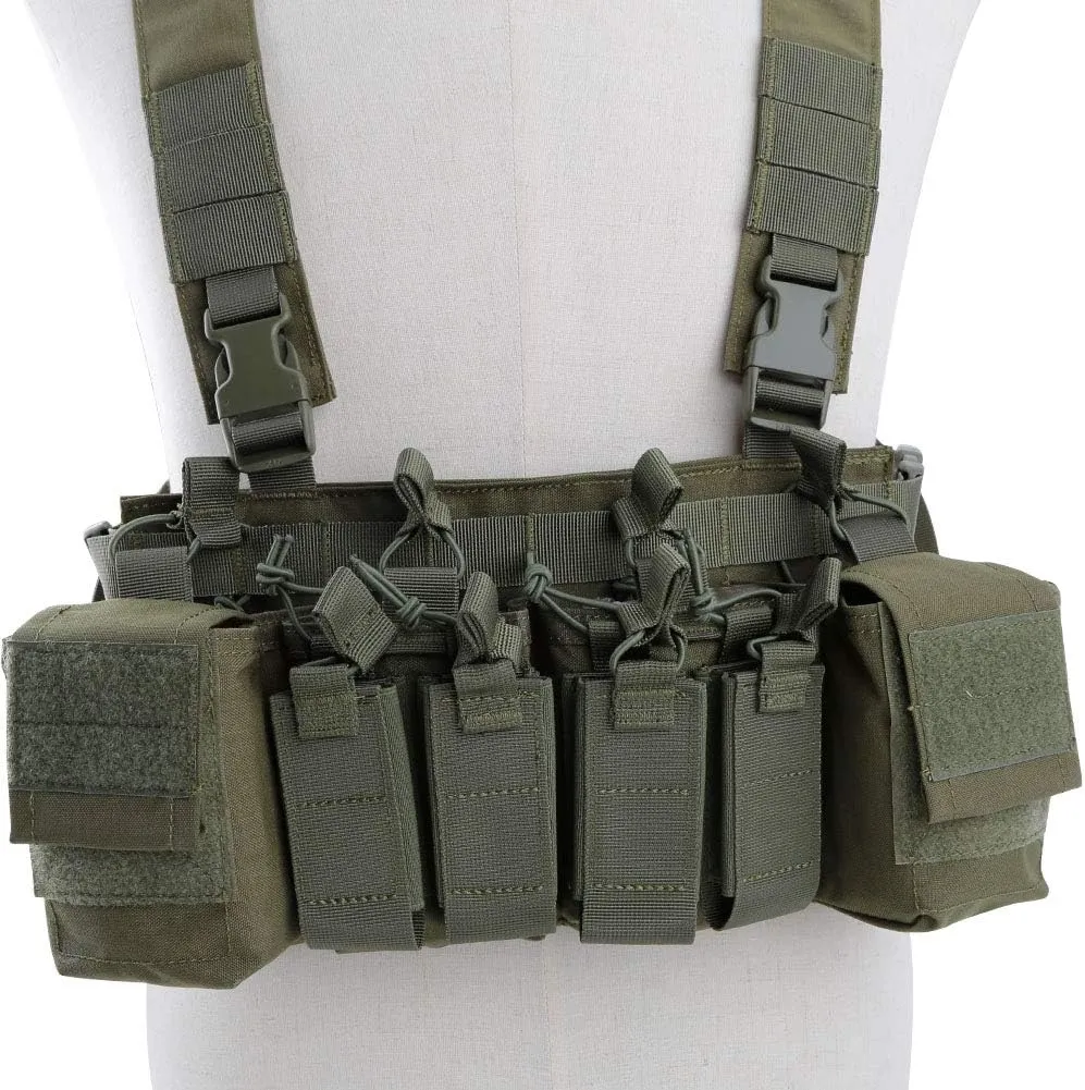 Tactical Chest Vest Rig Adjustable X Harness with 5.56 9mm Rifle Mag Pouches for Airsoft Shooting Wargame Paintball