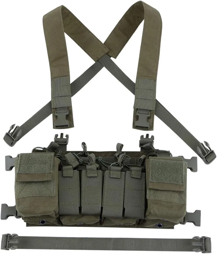 Tactical Chest Vest Rig Adjustable X Harness with 5.56 9mm Rifle Mag Pouches for Airsoft Shooting Wargame Paintball