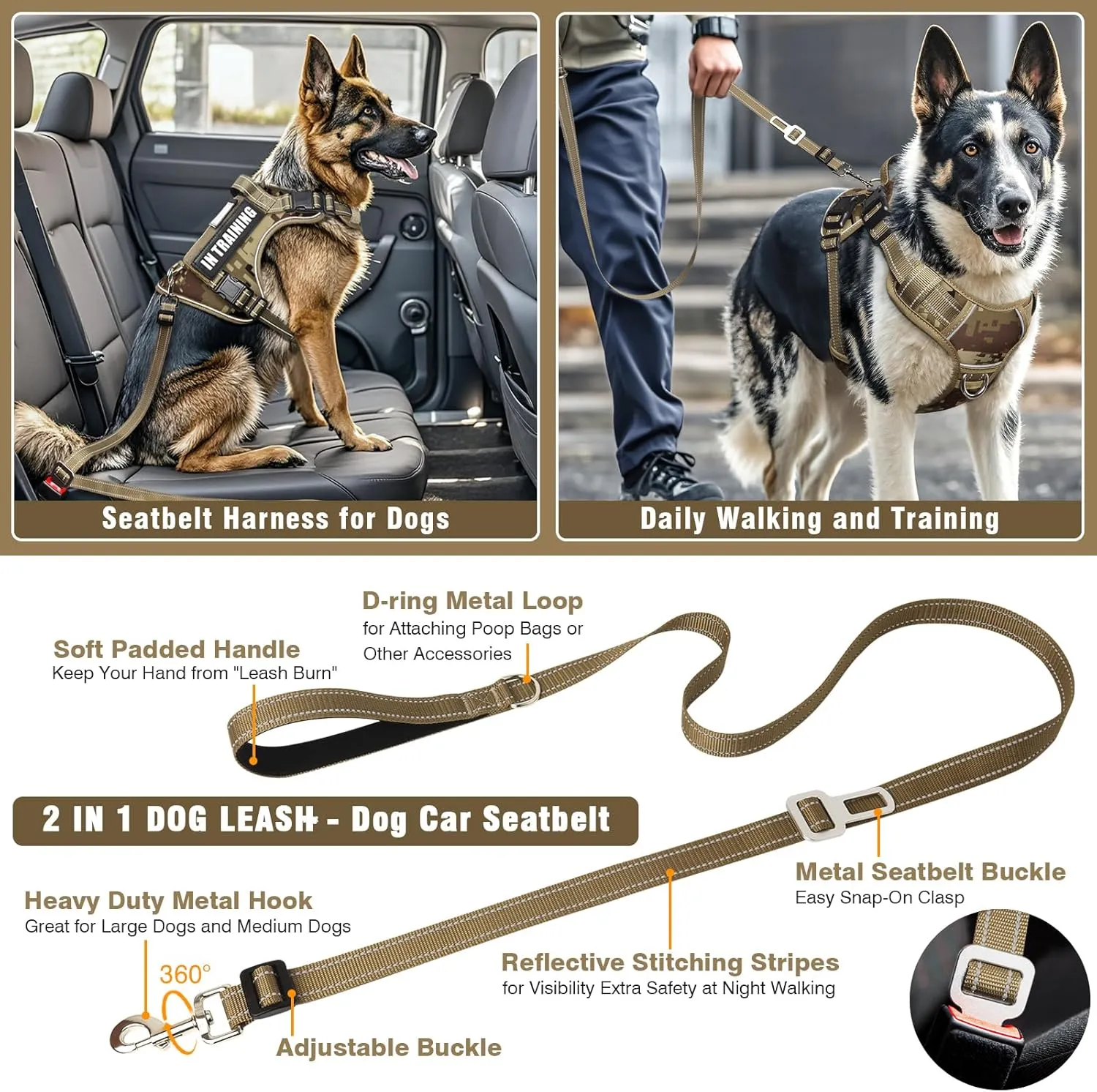Tactical Dog Harness and Leash Set for Large Dogs,Heavy Duty No Pull Service Dog Vest and 10 Patches with Dog Seat Belt,Reflective Adjustable Pet Harness for Training Walking Hiking Camo L