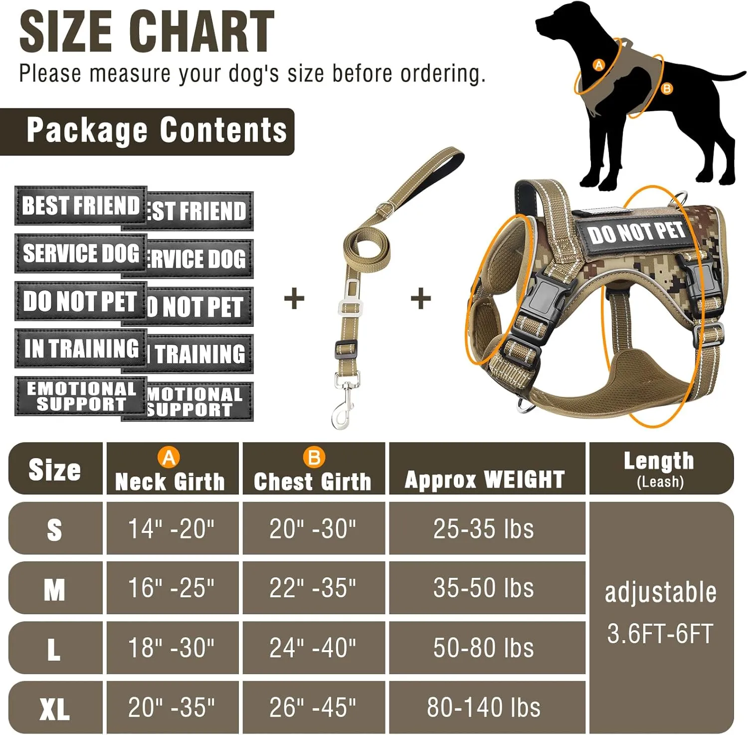 Tactical Dog Harness and Leash Set for Large Dogs,Heavy Duty No Pull Service Dog Vest and 10 Patches with Dog Seat Belt,Reflective Adjustable Pet Harness for Training Walking Hiking Camo L