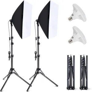 Takerers Softbox Photography Lighting Kit, 2-Pack 16'' x 16'' Continuous Lighting Photo Studio Equipment with 50W E27 Socket 5500K LED Bulb for Photography/Video Recording/Live Streaming