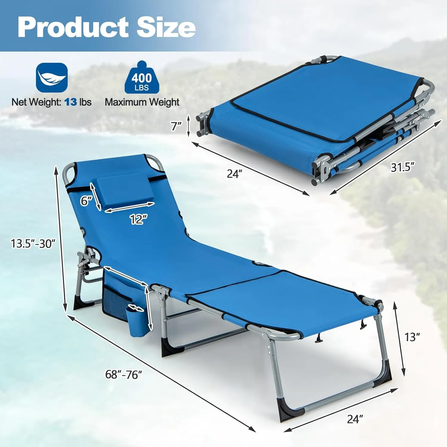Tangkula Beach Lounge Chair, Outdoor Folding Tanning Chair with Face/Arm Hole, 2 Carry Handle, Pillow, Adjustable Backrest, 400 LBS Face Down Sunbathing Chair for Outside Beach Poolside (1, Blue)