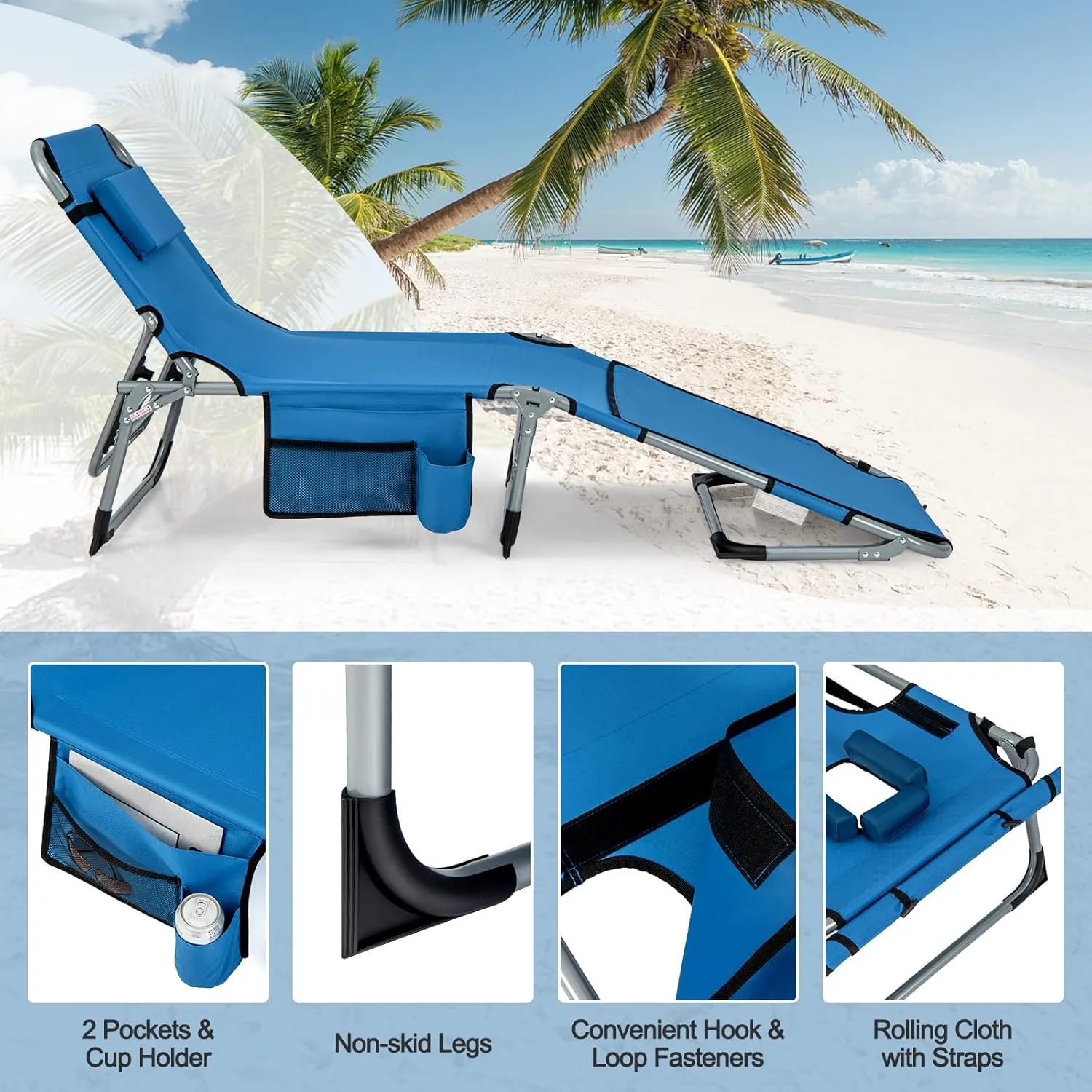 Tangkula Beach Lounge Chair, Outdoor Folding Tanning Chair with Face/Arm Hole, 2 Carry Handle, Pillow, Adjustable Backrest, 400 LBS Face Down Sunbathing Chair for Outside Beach Poolside (1, Blue)