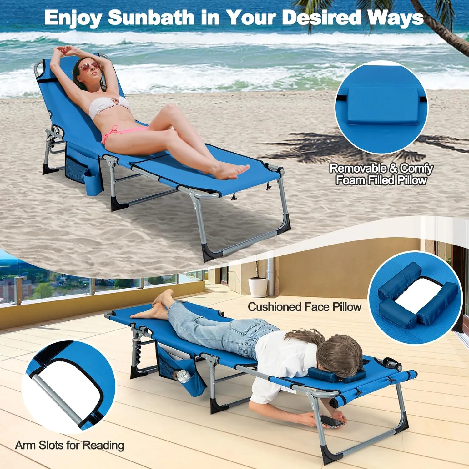 Tangkula Beach Lounge Chair, Outdoor Folding Tanning Chair with Face/Arm Hole, 2 Carry Handle, Pillow, Adjustable Backrest, 400 LBS Face Down Sunbathing Chair for Outside Beach Poolside (1, Blue)