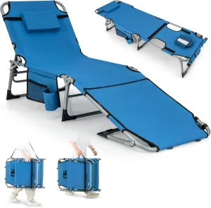 Tangkula Beach Lounge Chair, Outdoor Folding Tanning Chair with Face/Arm Hole, 2 Carry Handle, Pillow, Adjustable Backrest, 400 LBS Face Down Sunbathing Chair for Outside Beach Poolside (1, Blue)